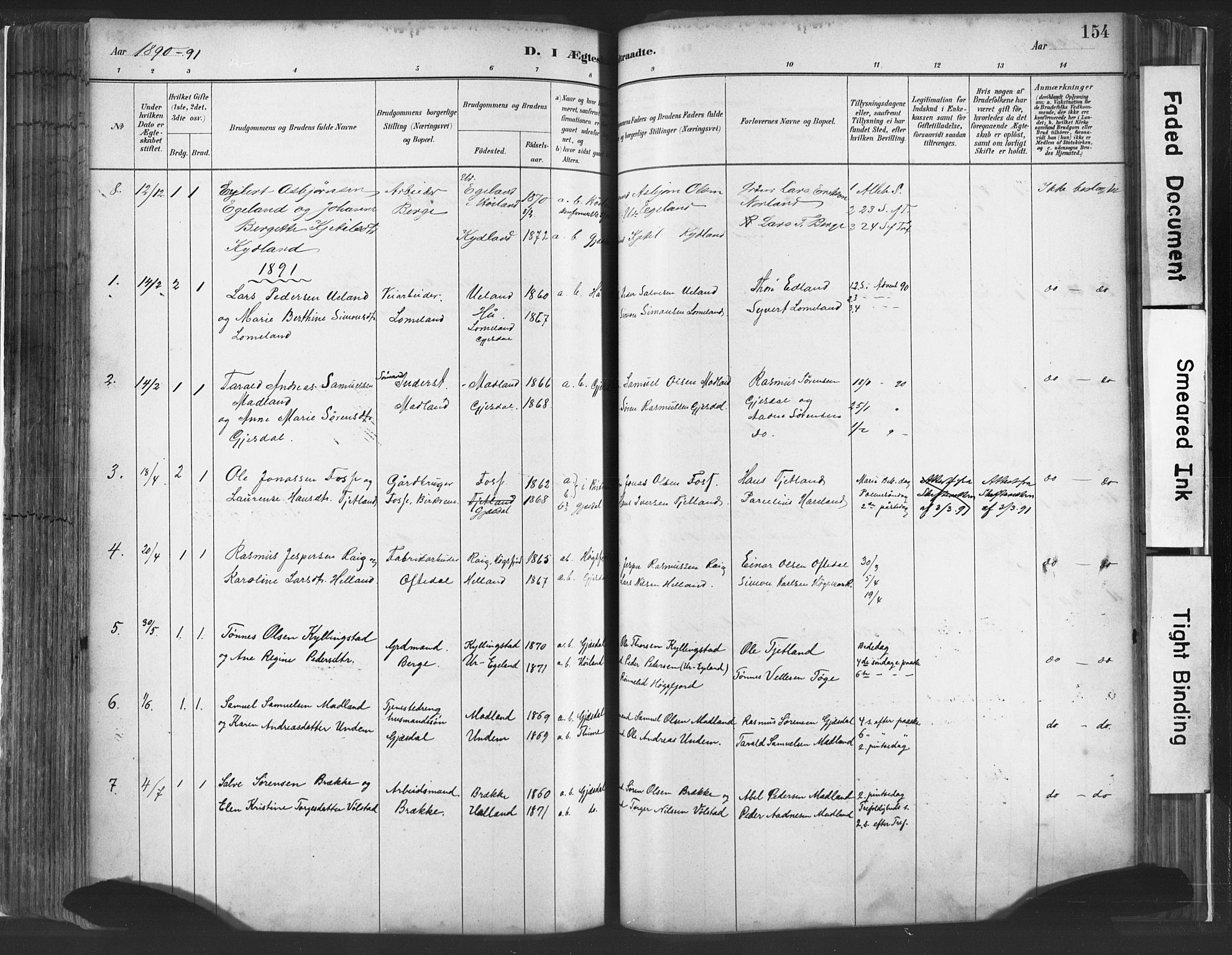 Lye sokneprestkontor, SAST/A-101794/001/30BA/L0010: Parish register (official) no. A 10, 1881-1896, p. 154