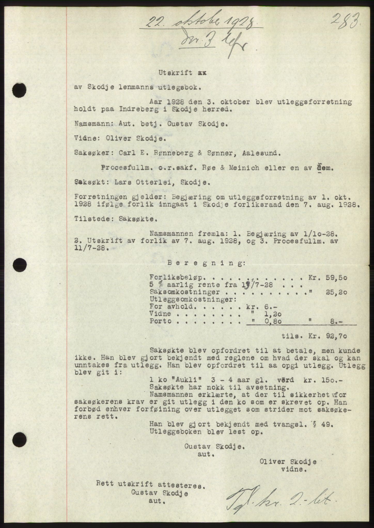 Nordre Sunnmøre sorenskriveri, AV/SAT-A-0006/1/2/2C/2Ca/L0042: Mortgage book no. 42, 1928-1928, Deed date: 22.10.1928