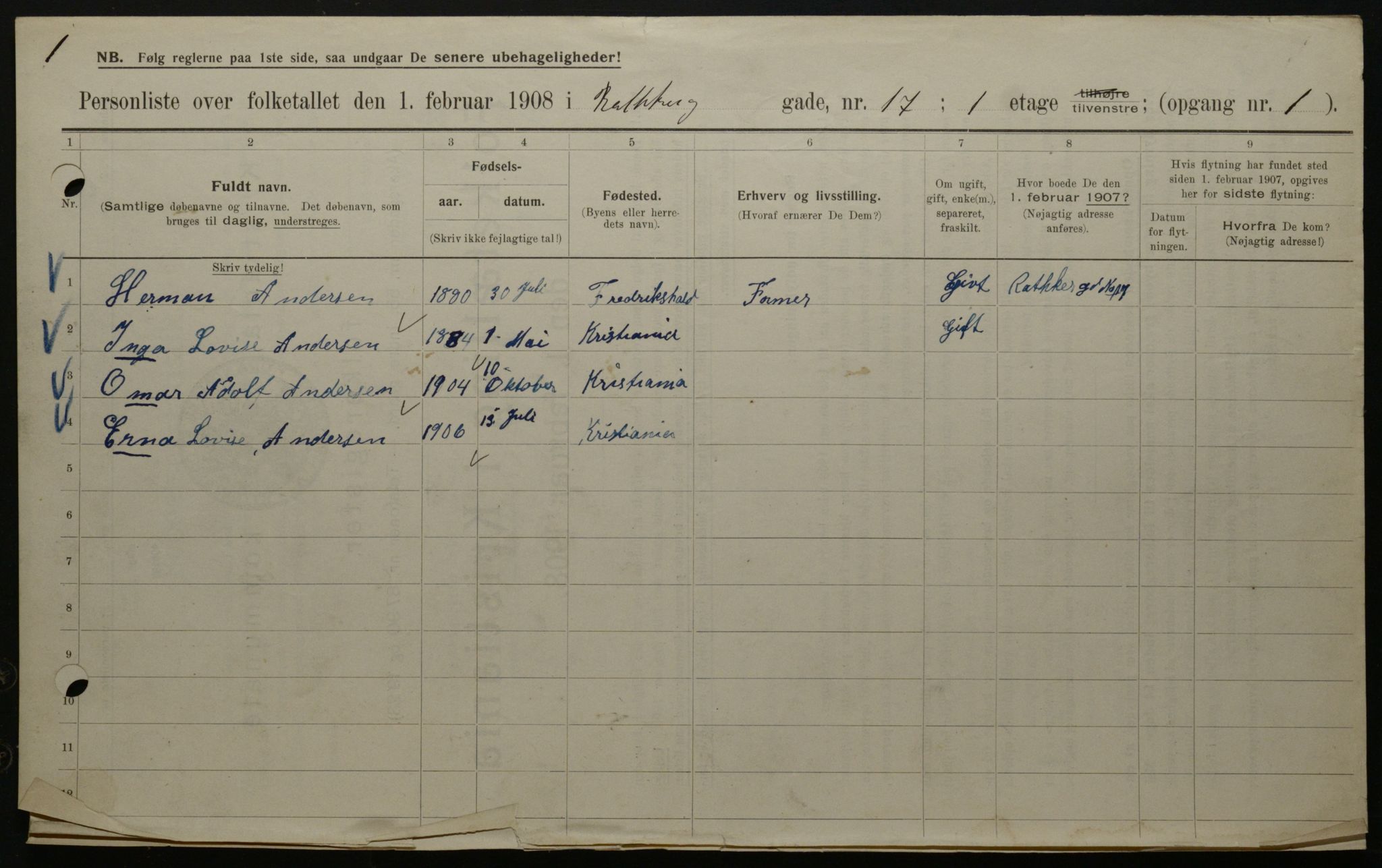 OBA, Municipal Census 1908 for Kristiania, 1908, p. 74263