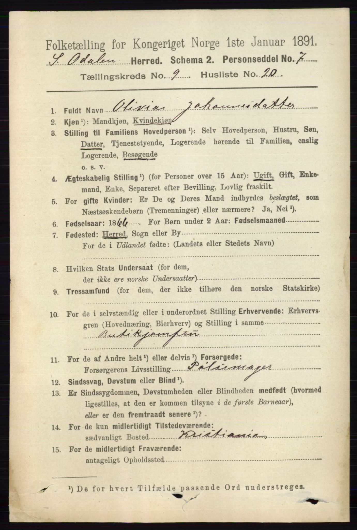 RA, 1891 census for 0419 Sør-Odal, 1891, p. 4278