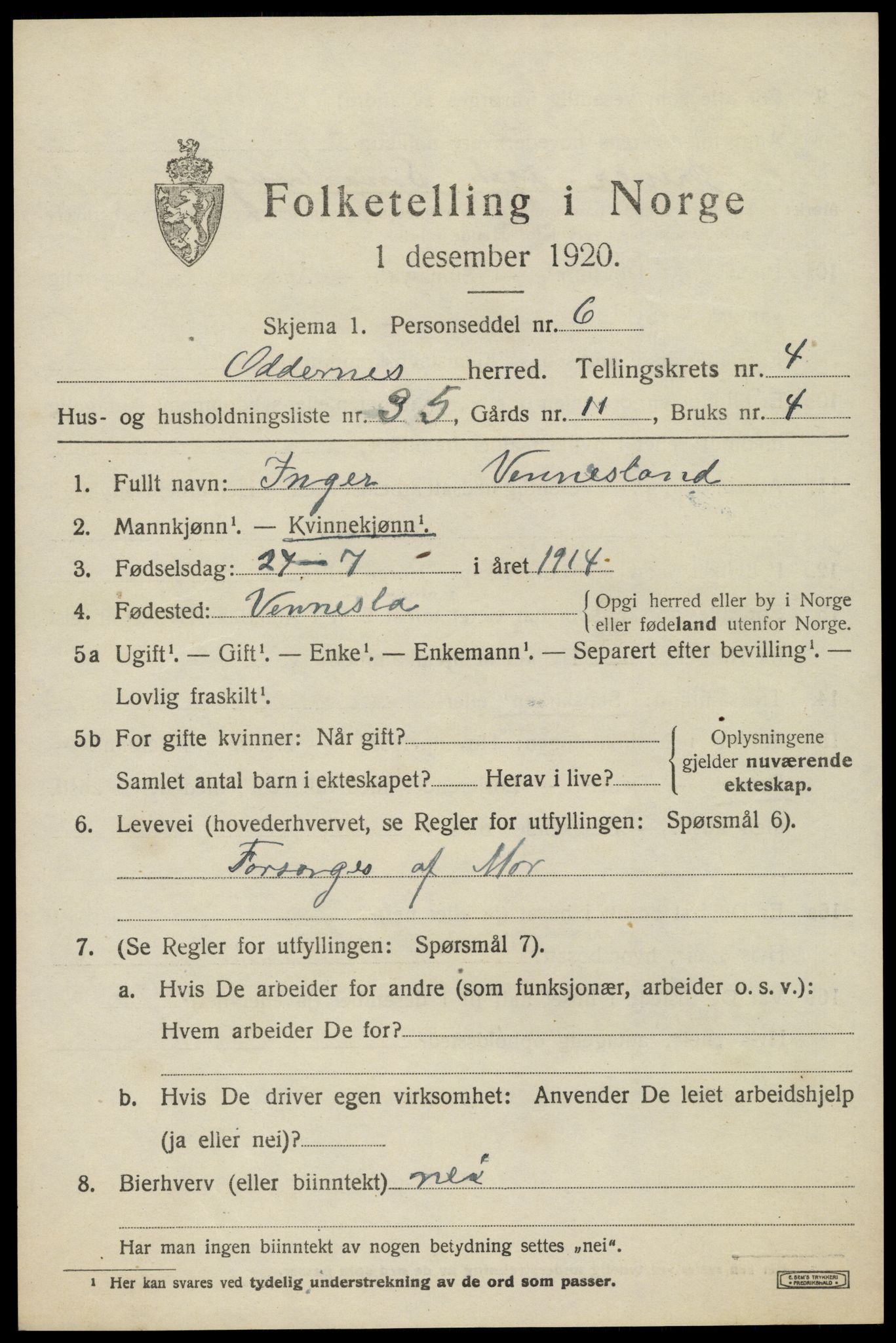 SAK, 1920 census for Oddernes, 1920, p. 4379