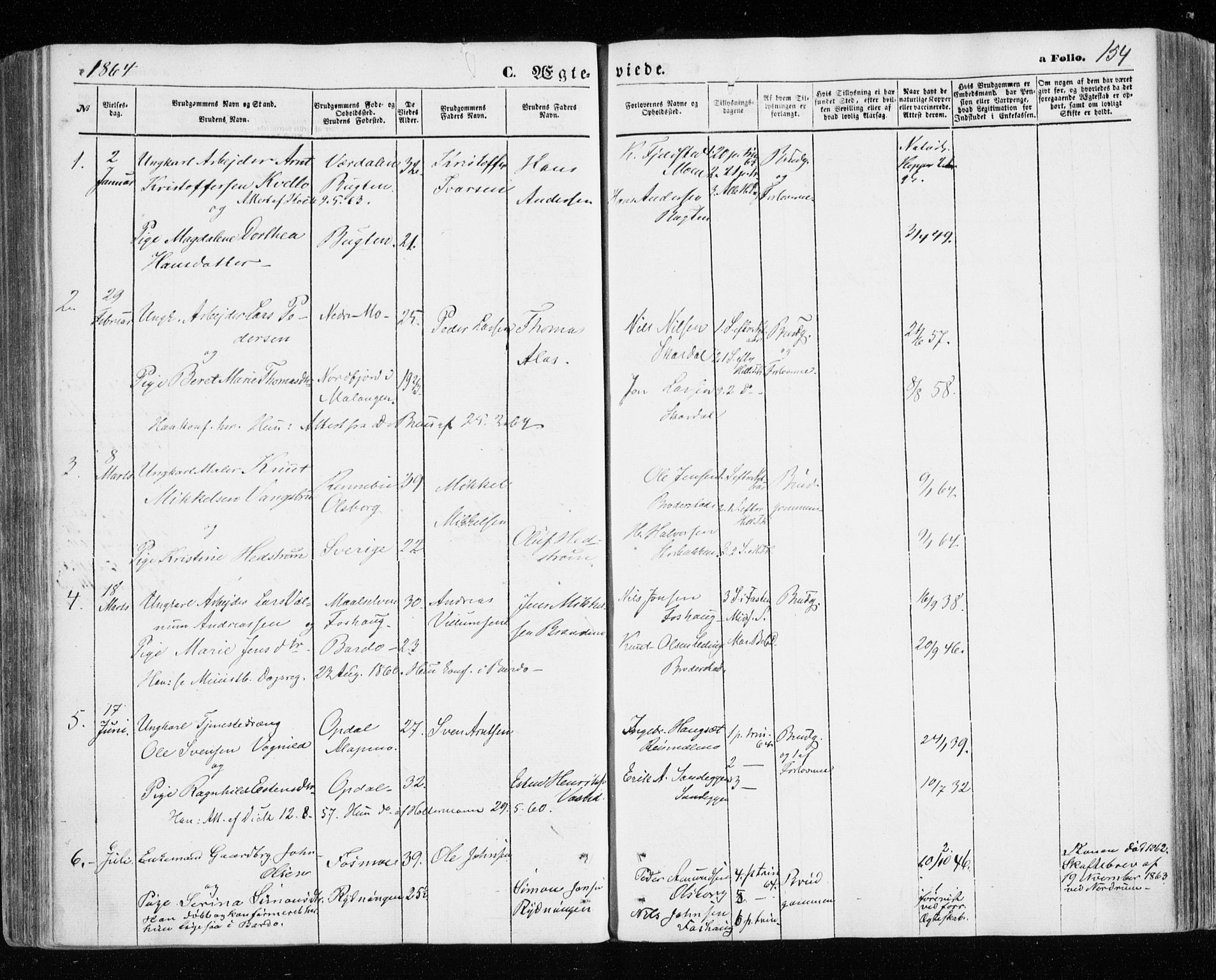 Målselv sokneprestembete, SATØ/S-1311/G/Ga/Gaa/L0004kirke: Parish register (official) no. 4, 1863-1872, p. 154
