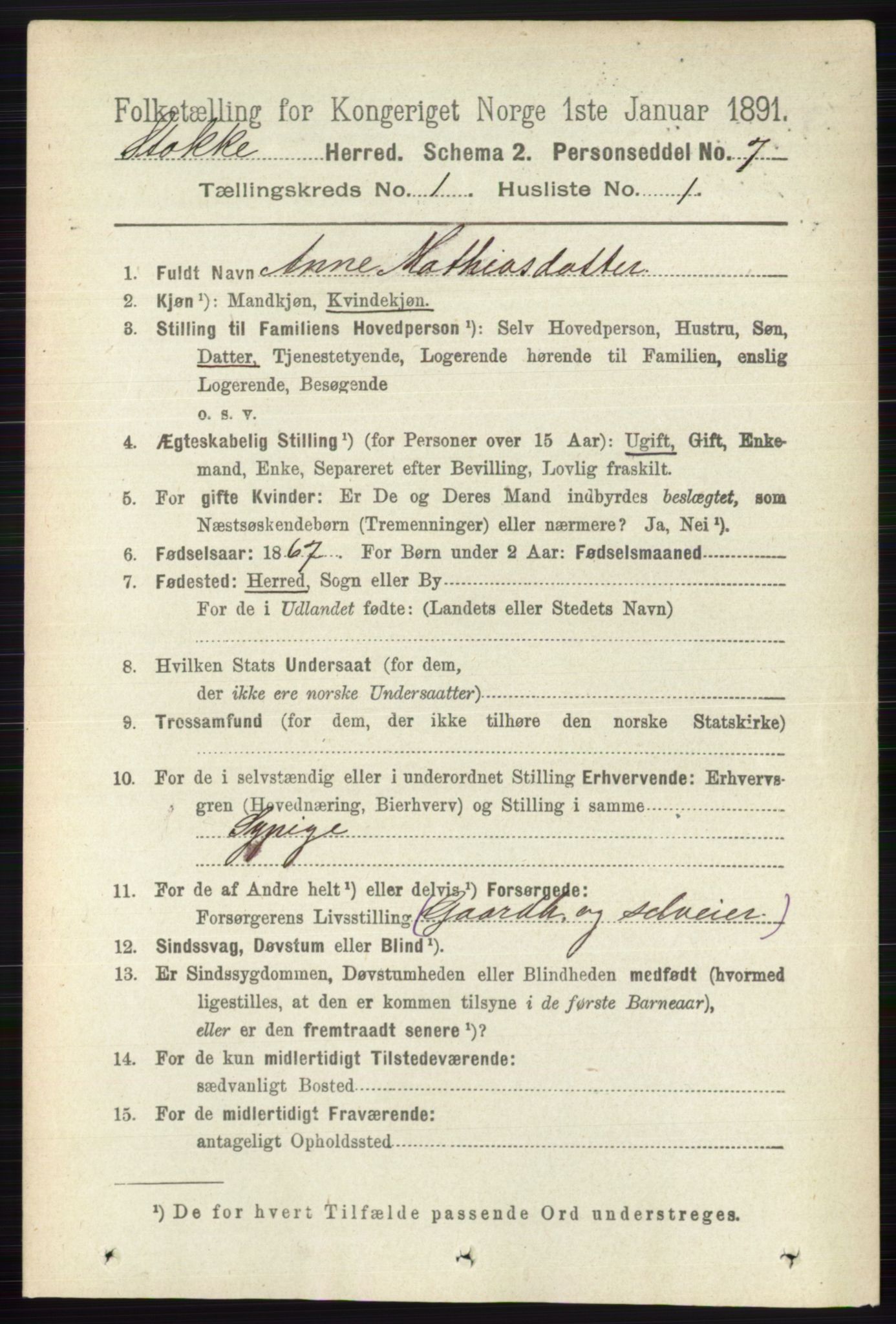 RA, 1891 census for 0720 Stokke, 1891, p. 167