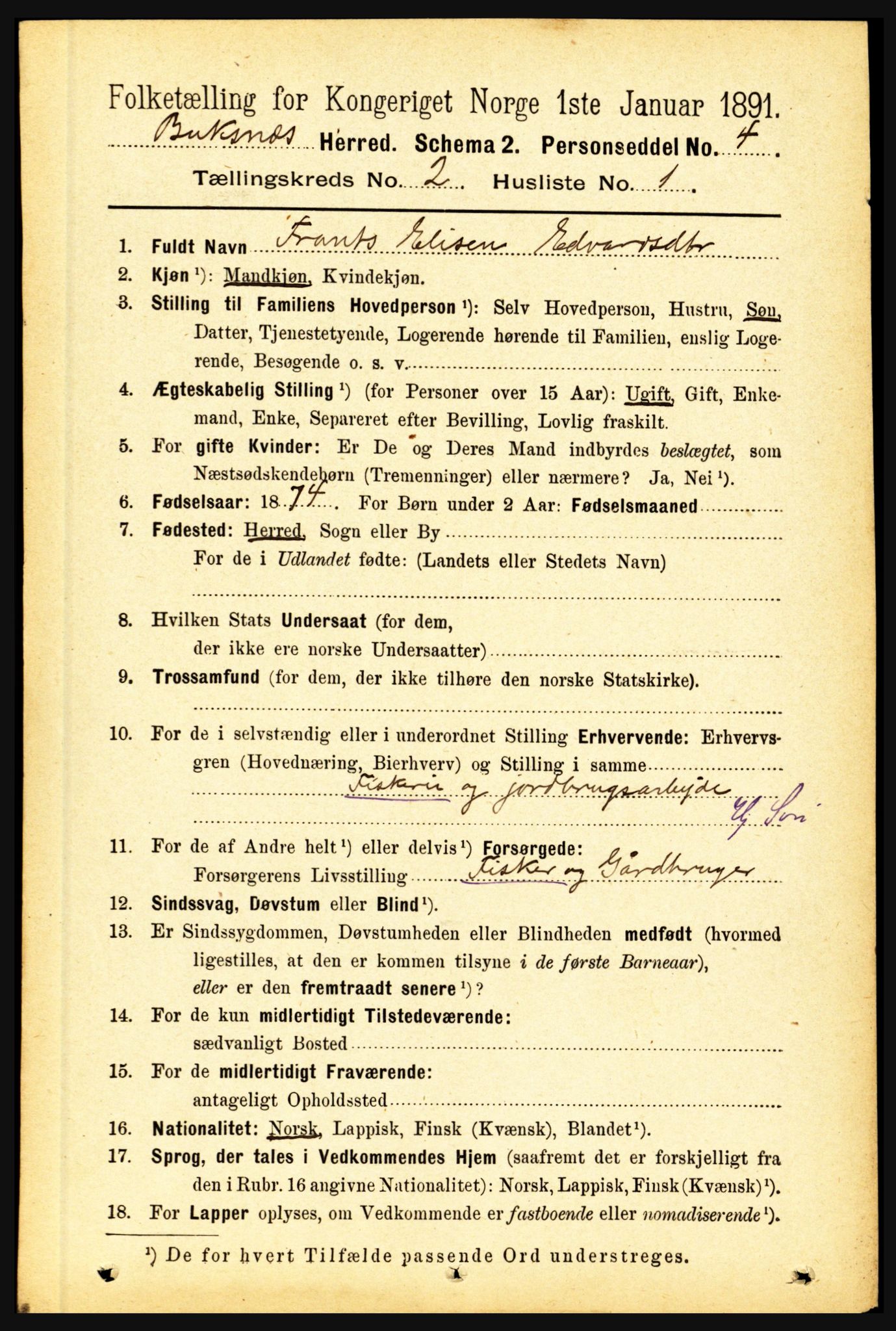 RA, 1891 census for 1860 Buksnes, 1891, p. 1597