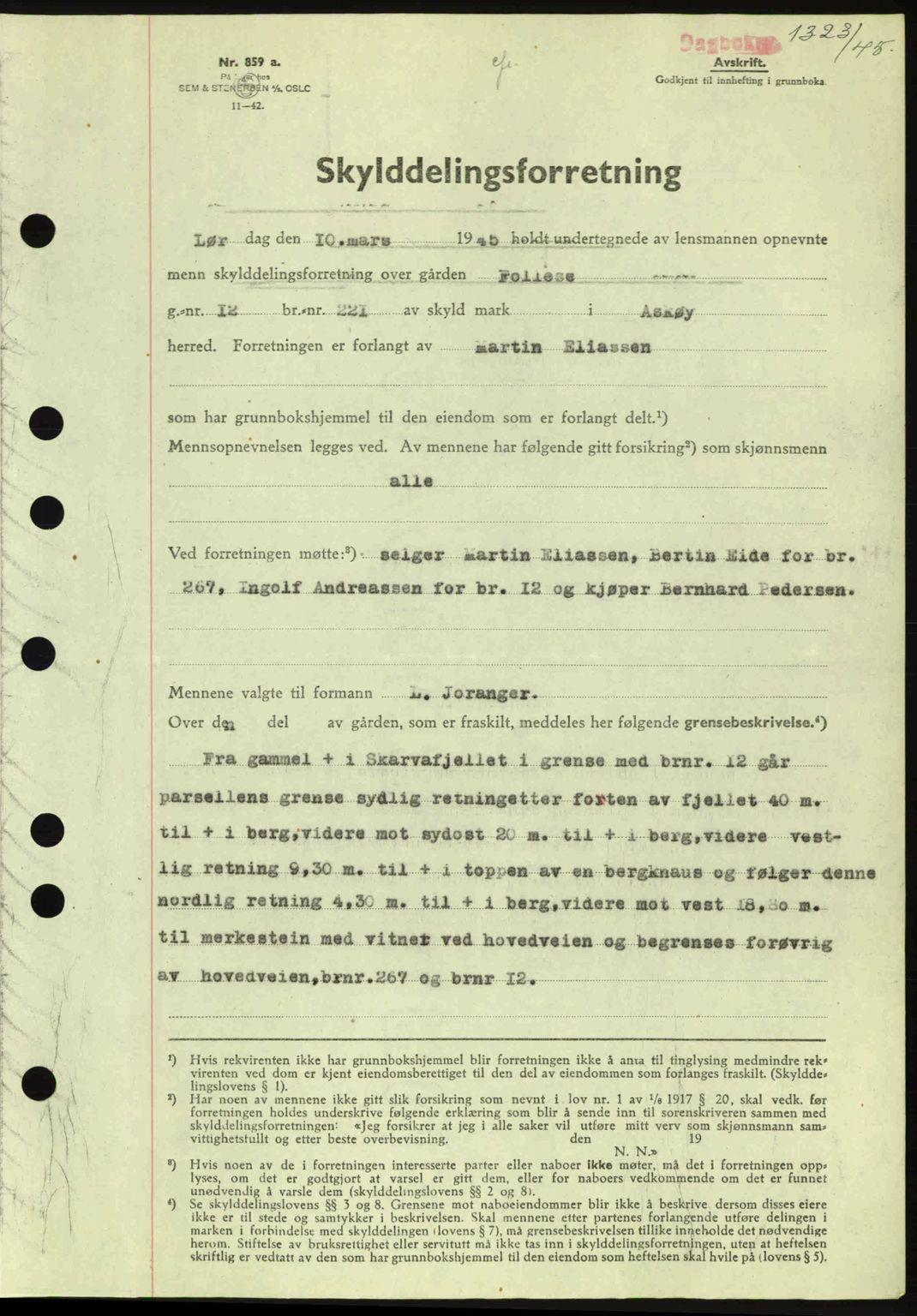 Midhordland sorenskriveri, AV/SAB-A-3001/1/G/Gb/Gbh/L0019: Mortgage book no. A38-39, 1945-1945, Diary no: : 1323/1945