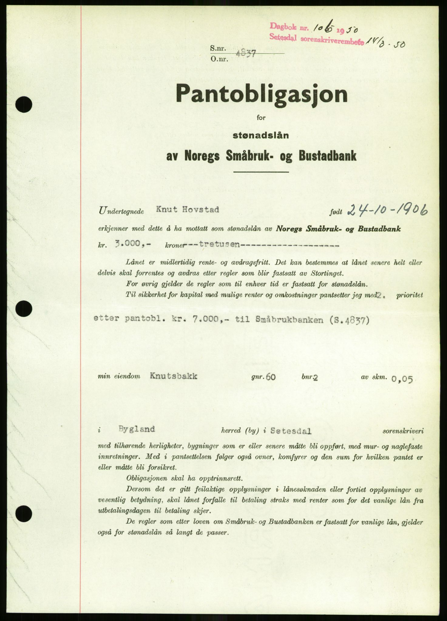 Setesdal sorenskriveri, SAK/1221-0011/G/Gb/L0050: Mortgage book no. B 38, 1949-1952, Diary no: : 106/1950