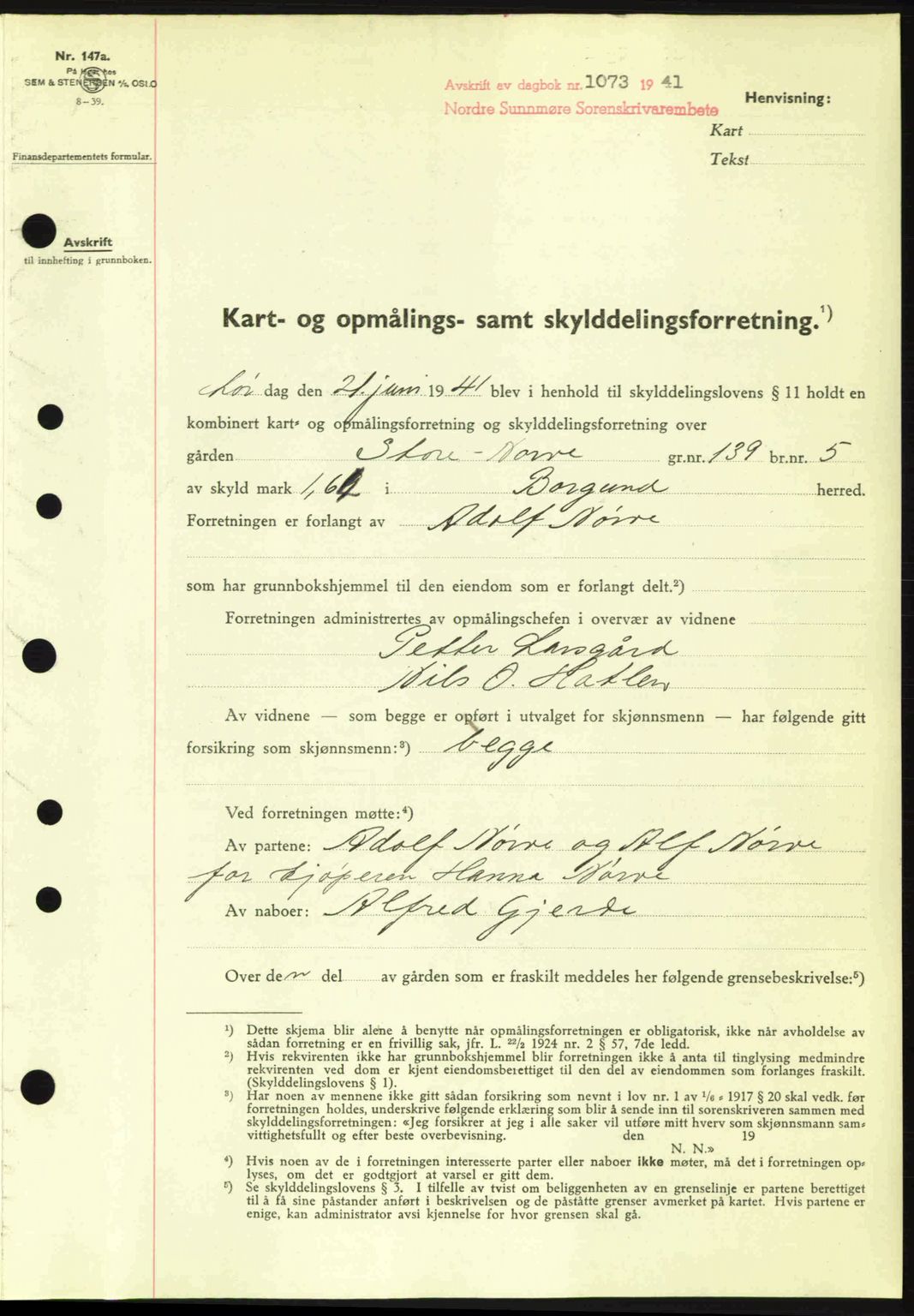 Nordre Sunnmøre sorenskriveri, AV/SAT-A-0006/1/2/2C/2Ca: Mortgage book no. A11, 1941-1941, Diary no: : 1073/1941