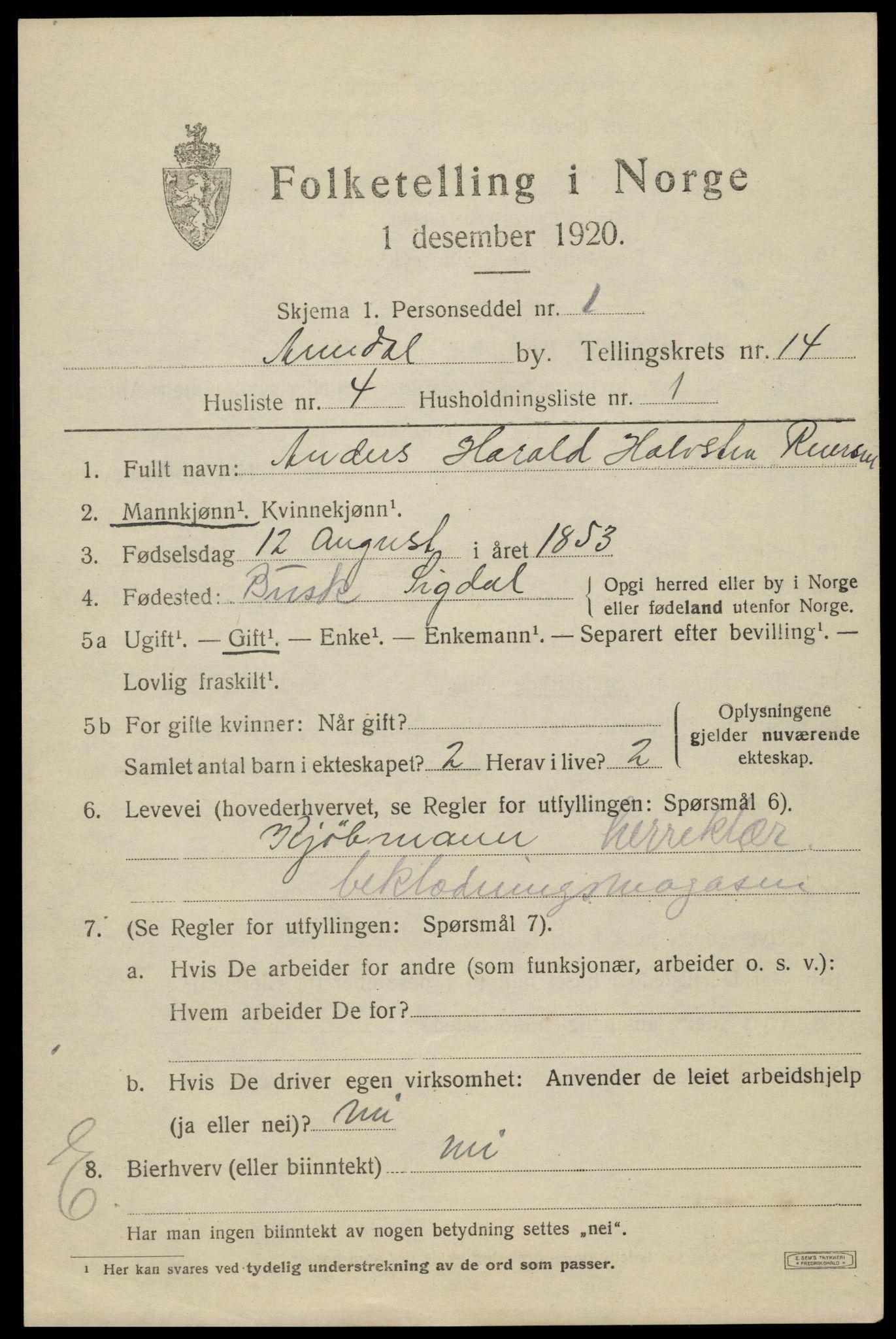 SAK, 1920 census for Arendal, 1920, p. 21040