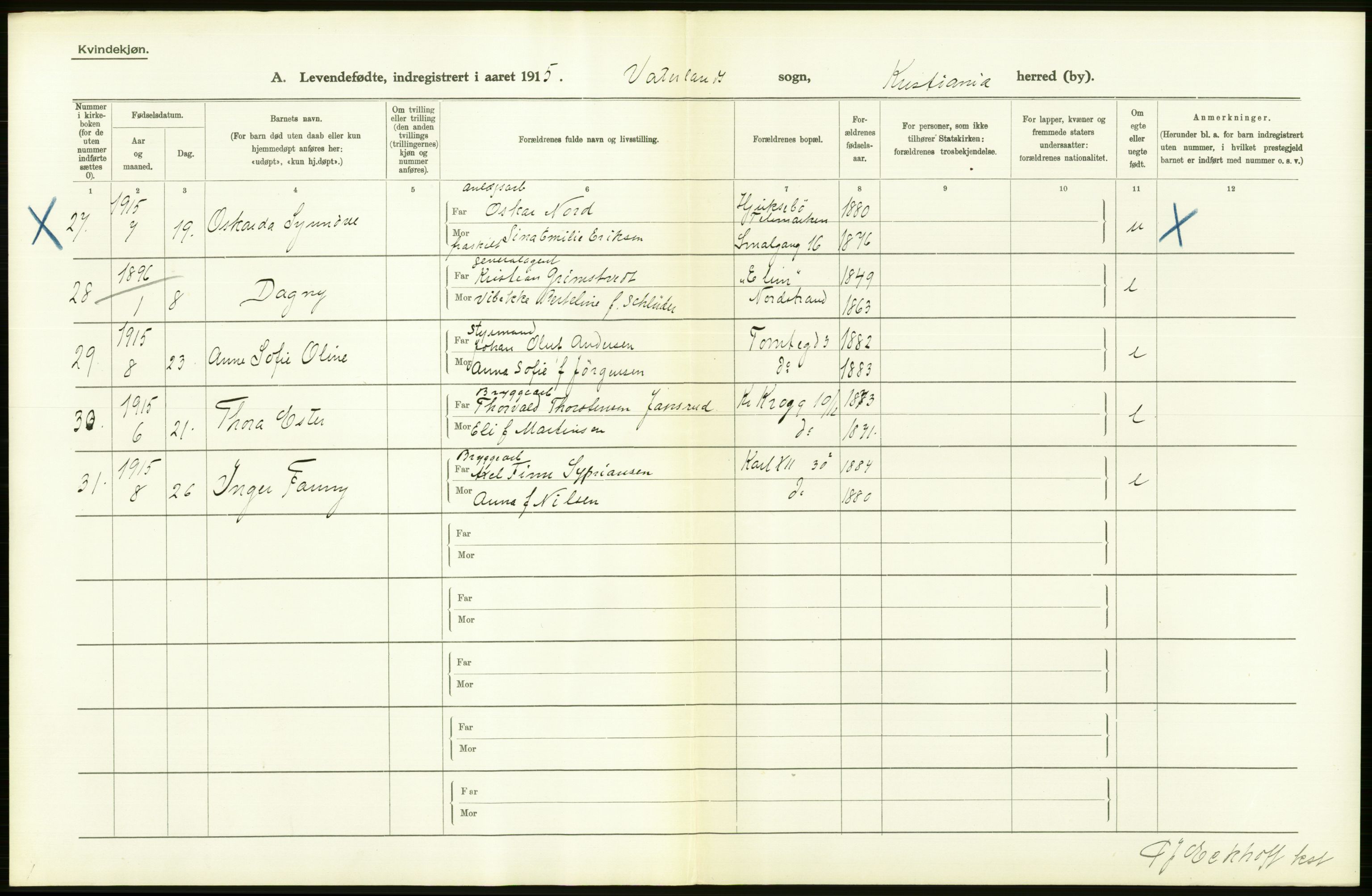 Statistisk sentralbyrå, Sosiodemografiske emner, Befolkning, RA/S-2228/D/Df/Dfb/Dfbe/L0006: Kristiania: Levendefødte menn og kvinner., 1915, p. 332