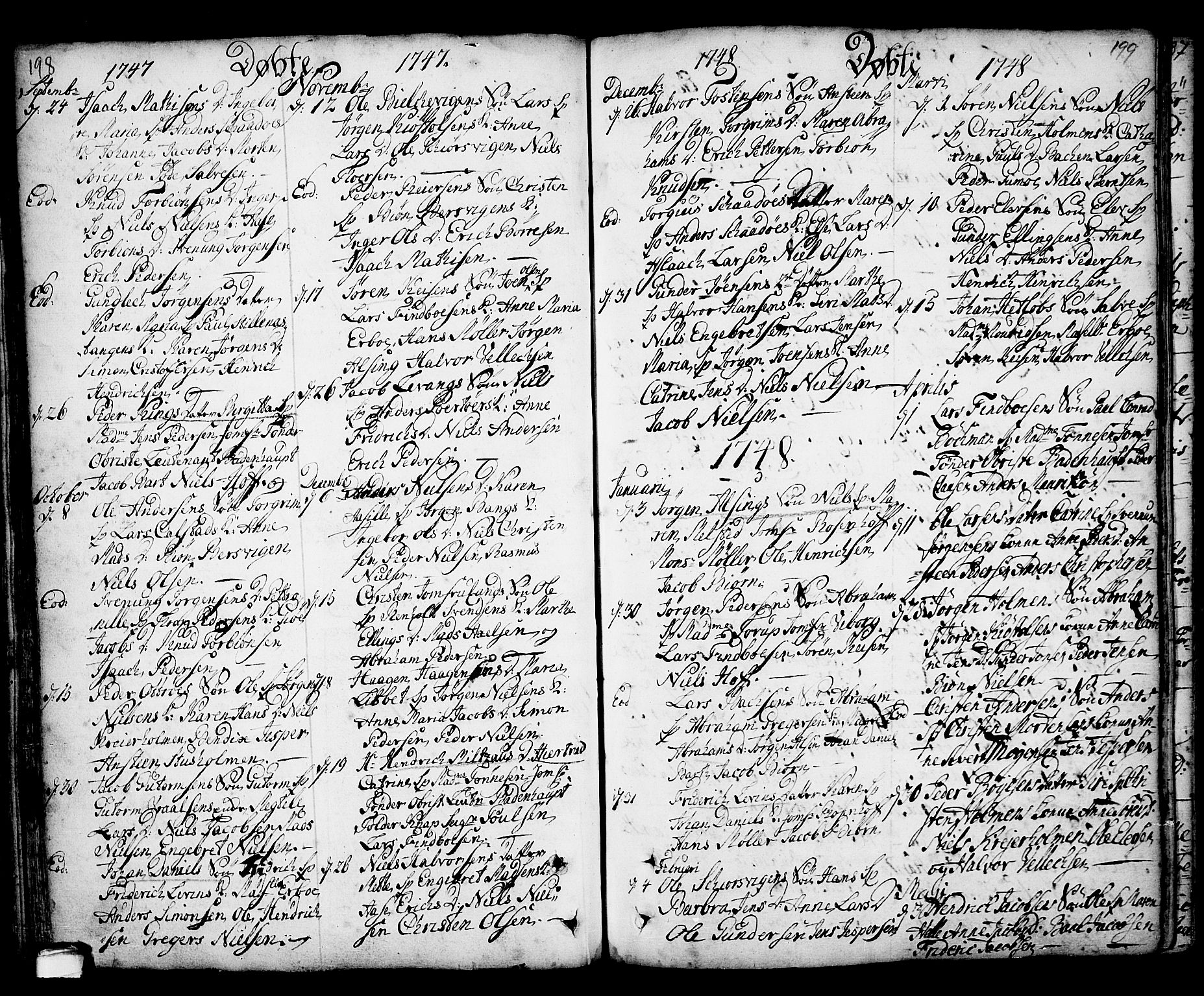 Kragerø kirkebøker, AV/SAKO-A-278/F/Fa/L0001: Parish register (official) no. 1, 1702-1766, p. 198-199