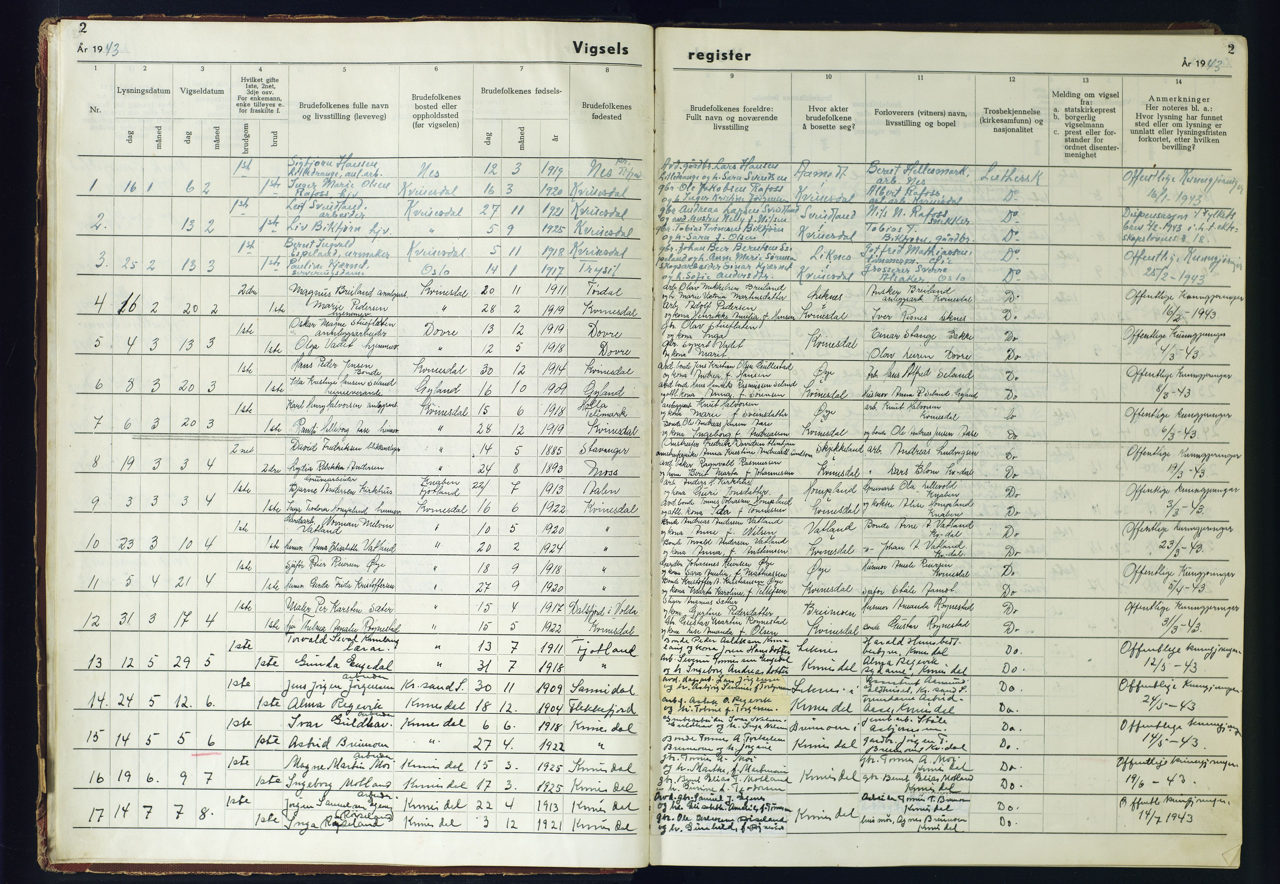 Kvinesdal sokneprestkontor, AV/SAK-1111-0026/J/Jb/L0005: Marriage register no. II.6.5, 1942-1944, p. 2