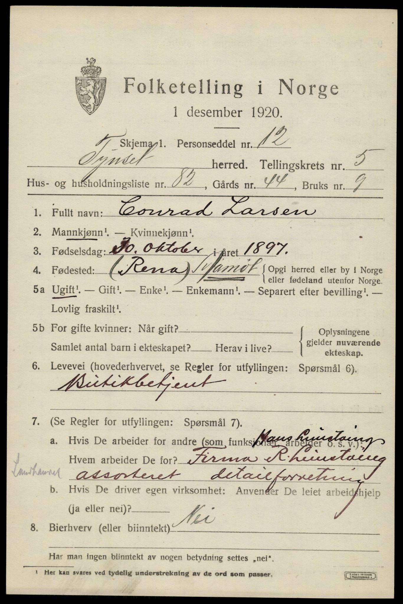 SAH, 1920 census for Tynset, 1920, p. 5502