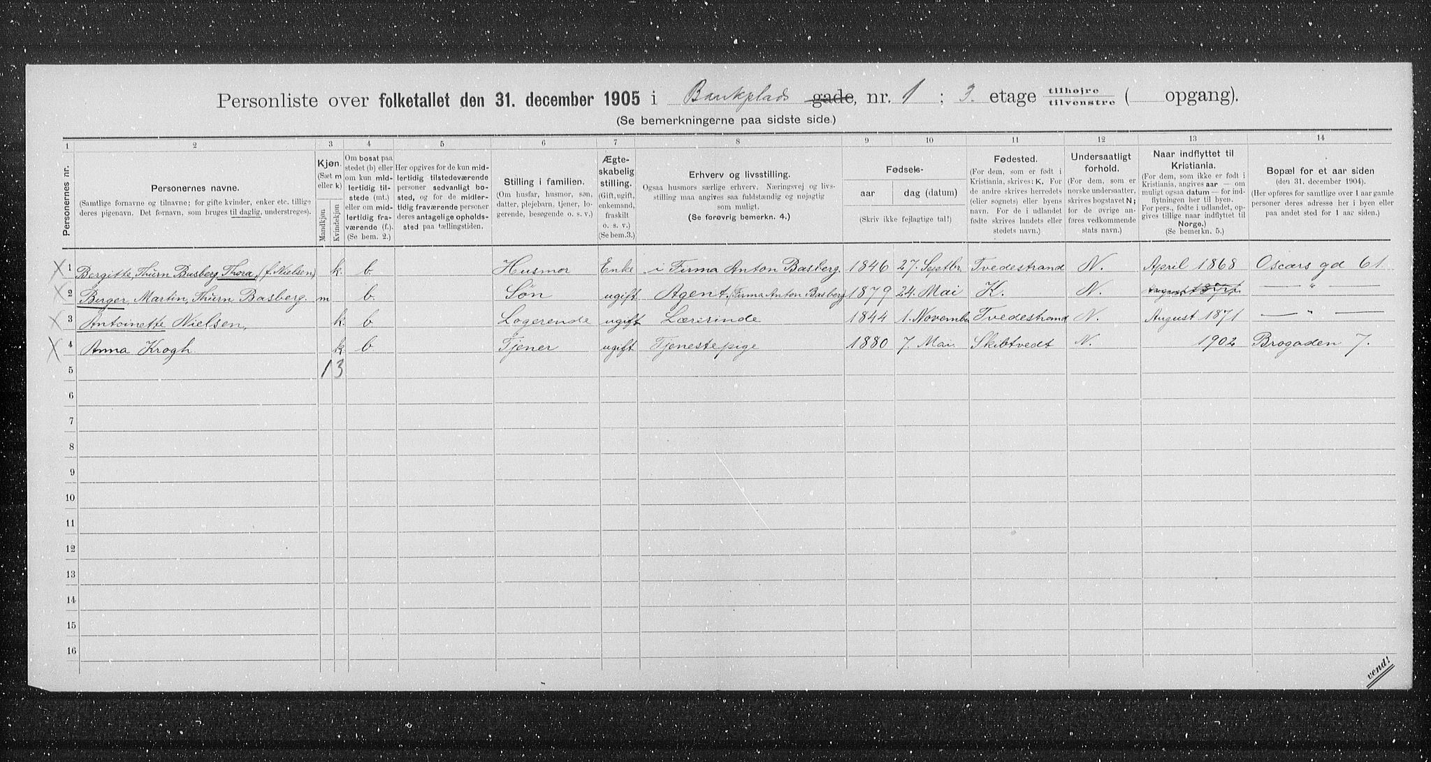 OBA, Municipal Census 1905 for Kristiania, 1905, p. 1703