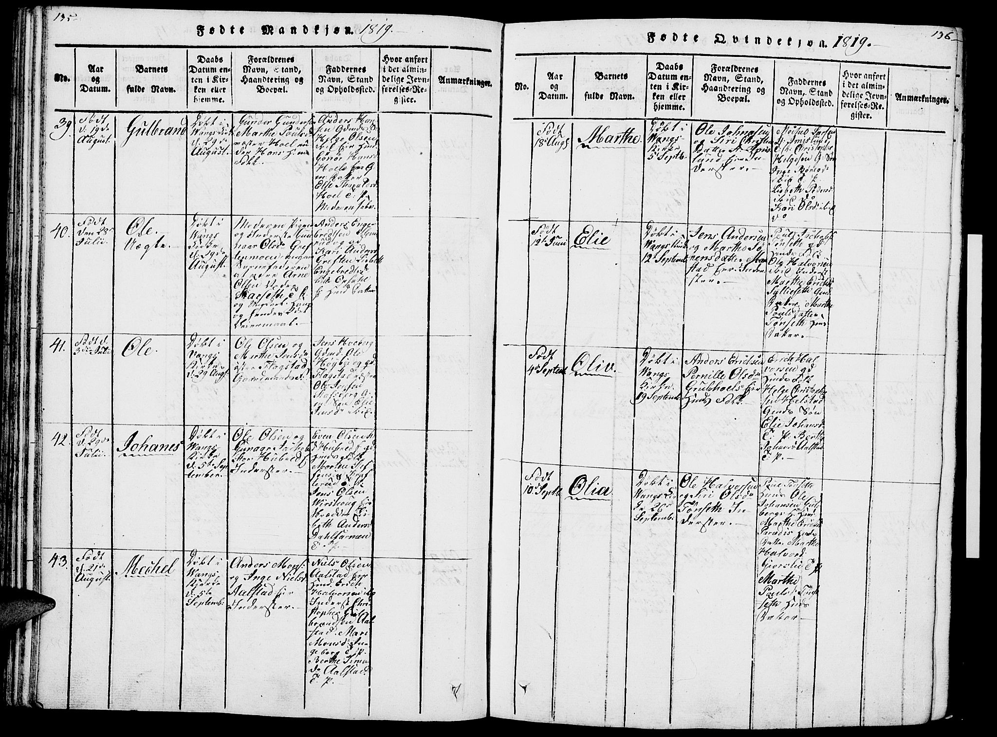 Vang prestekontor, Hedmark, AV/SAH-PREST-008/H/Ha/Haa/L0007: Parish register (official) no. 7, 1813-1826, p. 135-136