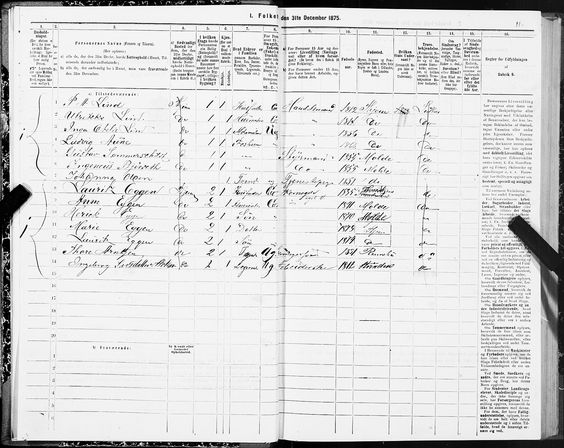 SAT, 1875 census for 1601 Trondheim, 1875, p. 9011