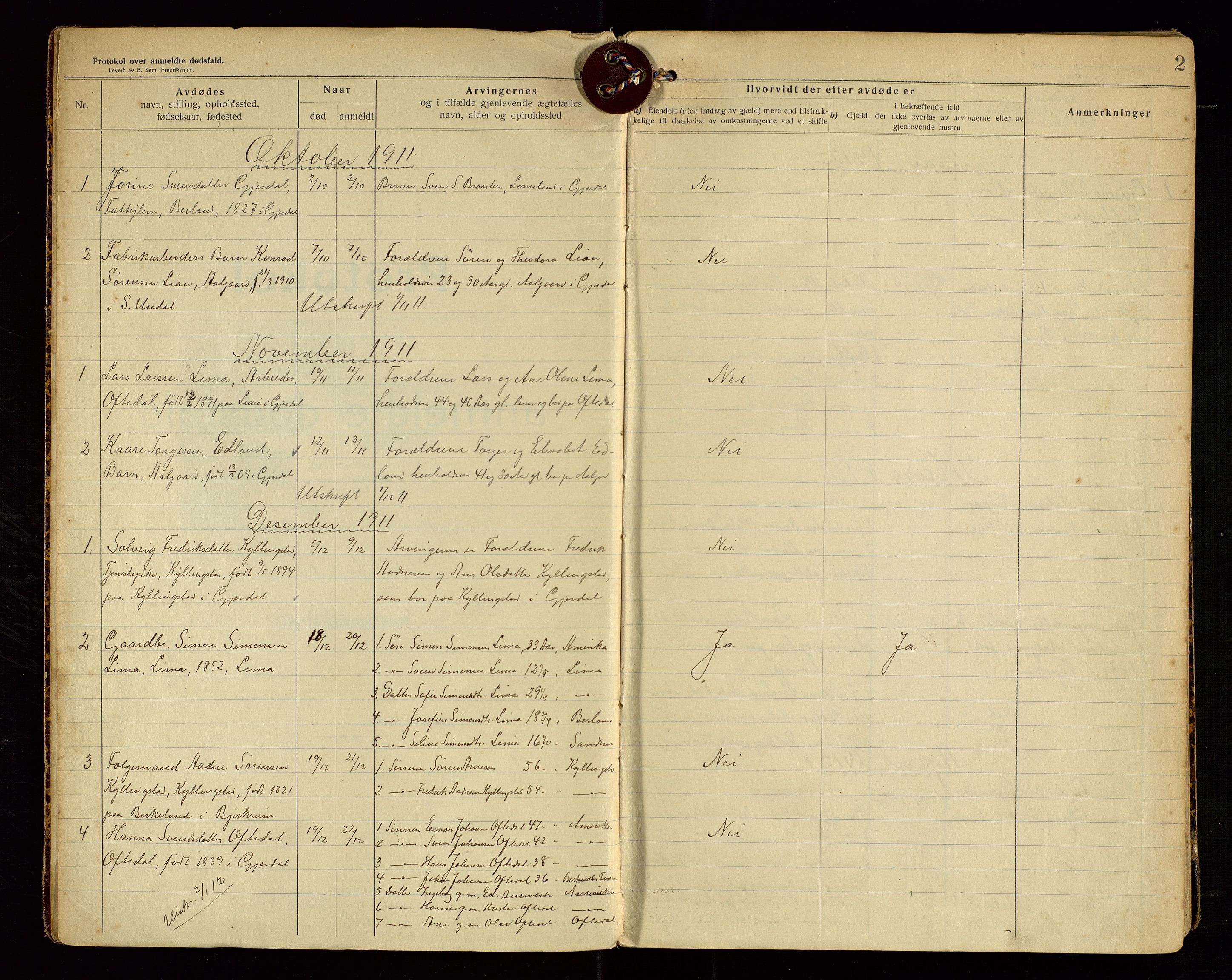 Gjesdal lensmannskontor, SAST/A-100441/Gga/L0002: Dødsfallprotokoll, 1911-1933, p. 2