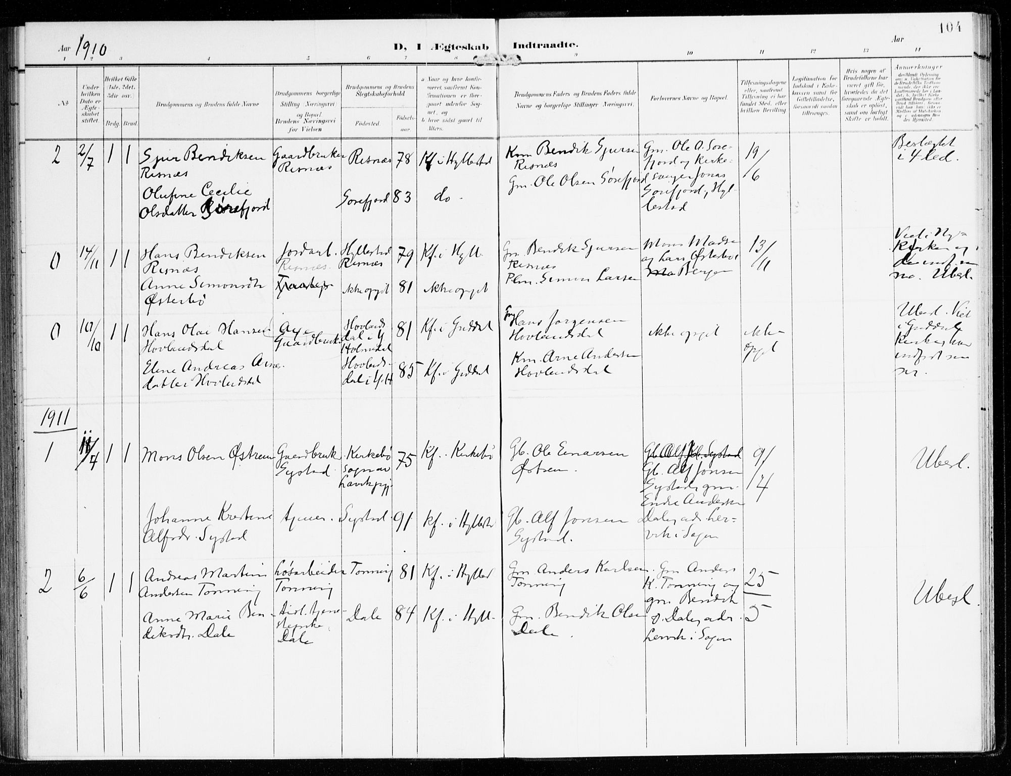 Hyllestad sokneprestembete, SAB/A-80401: Parish register (official) no. B 2, 1903-1917, p. 104