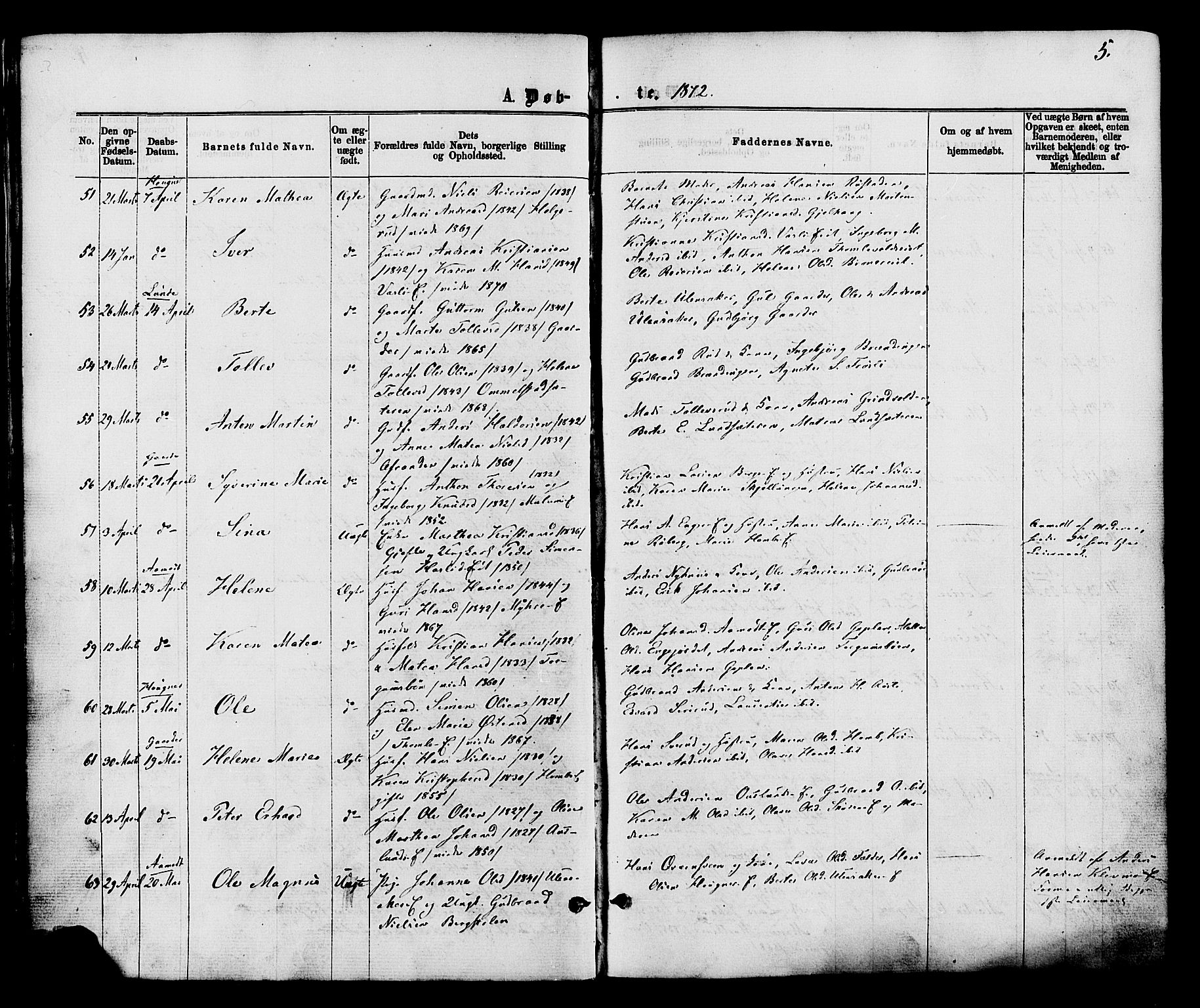 Nordre Land prestekontor, SAH/PREST-124/H/Ha/Haa/L0002: Parish register (official) no. 2, 1872-1881, p. 5