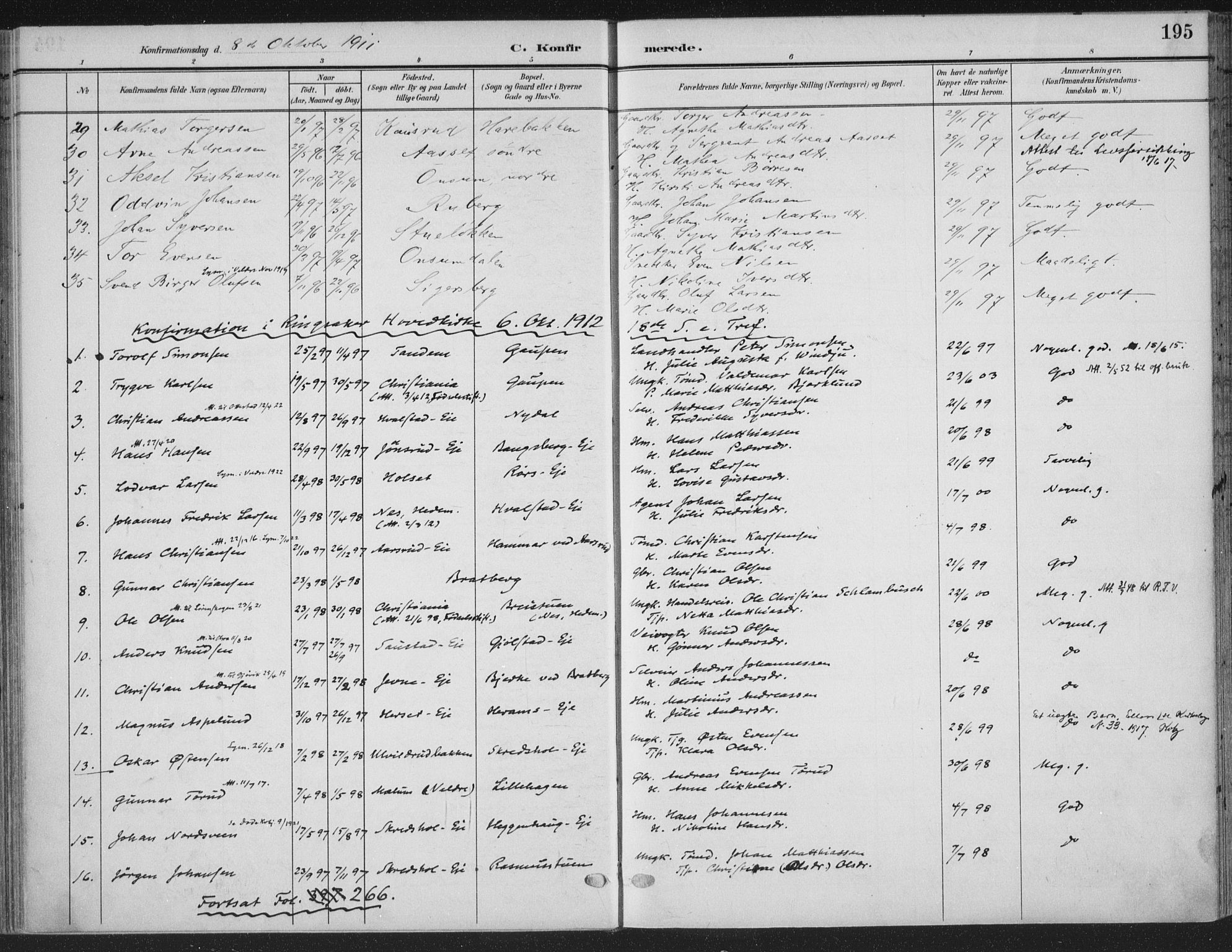 Ringsaker prestekontor, SAH/PREST-014/K/Ka/L0018: Parish register (official) no. 18, 1903-1912, p. 195