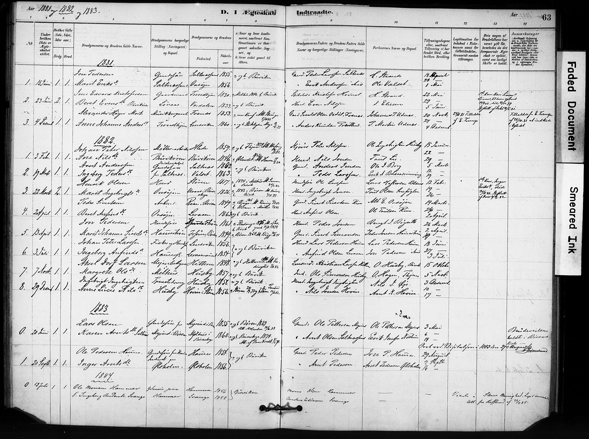 Ministerialprotokoller, klokkerbøker og fødselsregistre - Sør-Trøndelag, SAT/A-1456/666/L0786: Parish register (official) no. 666A04, 1878-1895, p. 63