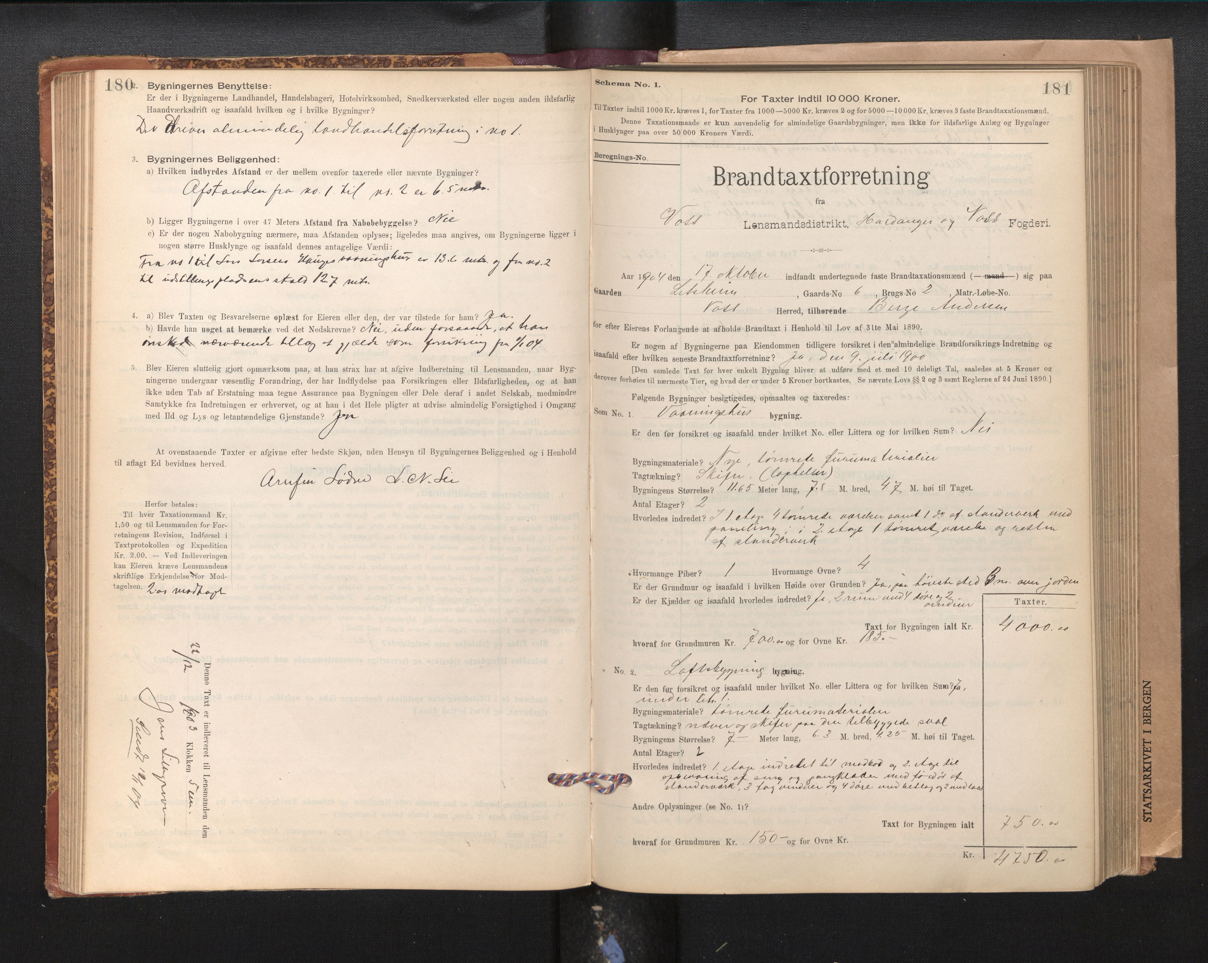 Lensmannen i Voss, SAB/A-35801/0012/L0008: Branntakstprotokoll, skjematakst, 1895-1945, p. 180-181