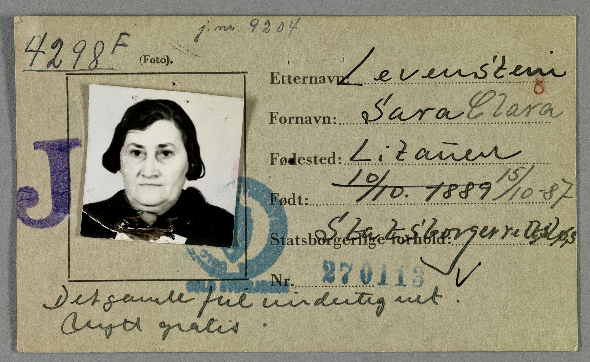 Sosialdepartementet, Våre Falne, RA/S-1708/E/Ee/L0021A: Fotografier av jøder på legitimasjonskort (1941-42), 1941-1942, p. 243