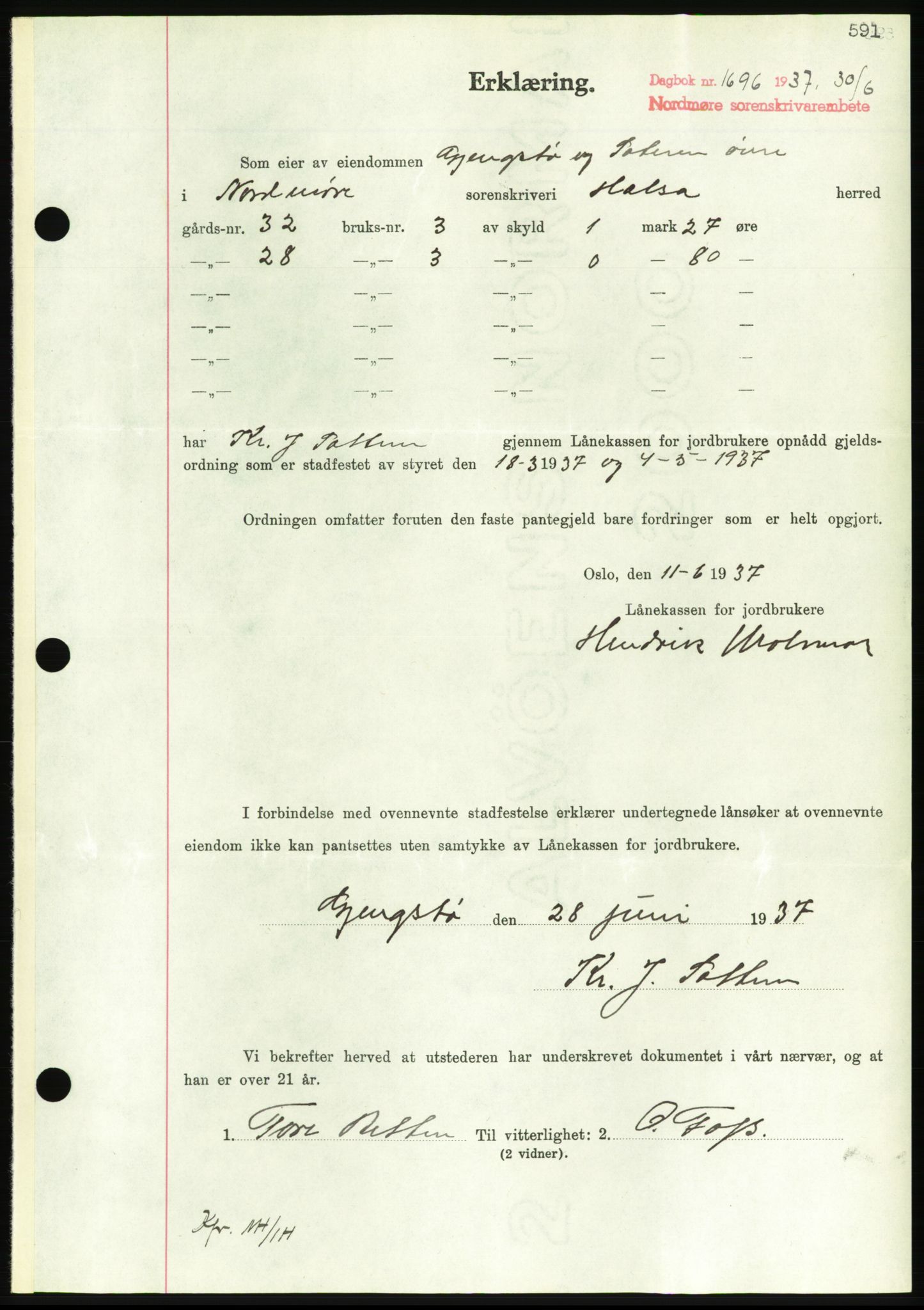 Nordmøre sorenskriveri, AV/SAT-A-4132/1/2/2Ca/L0091: Mortgage book no. B81, 1937-1937, Diary no: : 1696/1937