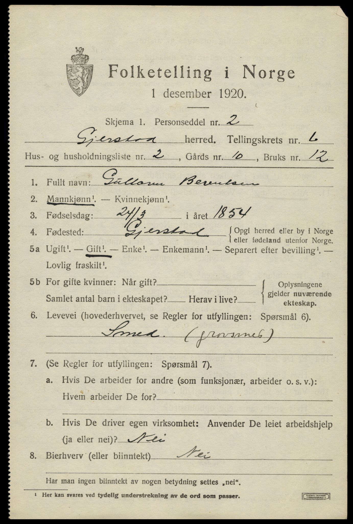 SAK, 1920 census for Gjerstad, 1920, p. 3821