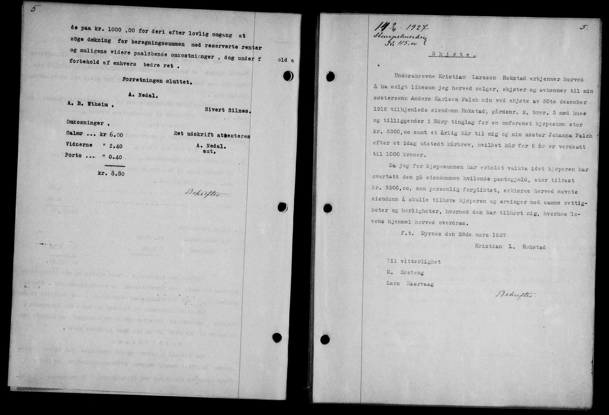 Nordmøre sorenskriveri, AV/SAT-A-4132/1/2/2Ca/L0062: Mortgage book no. 52, 1927-1927, Deed date: 09.04.1927