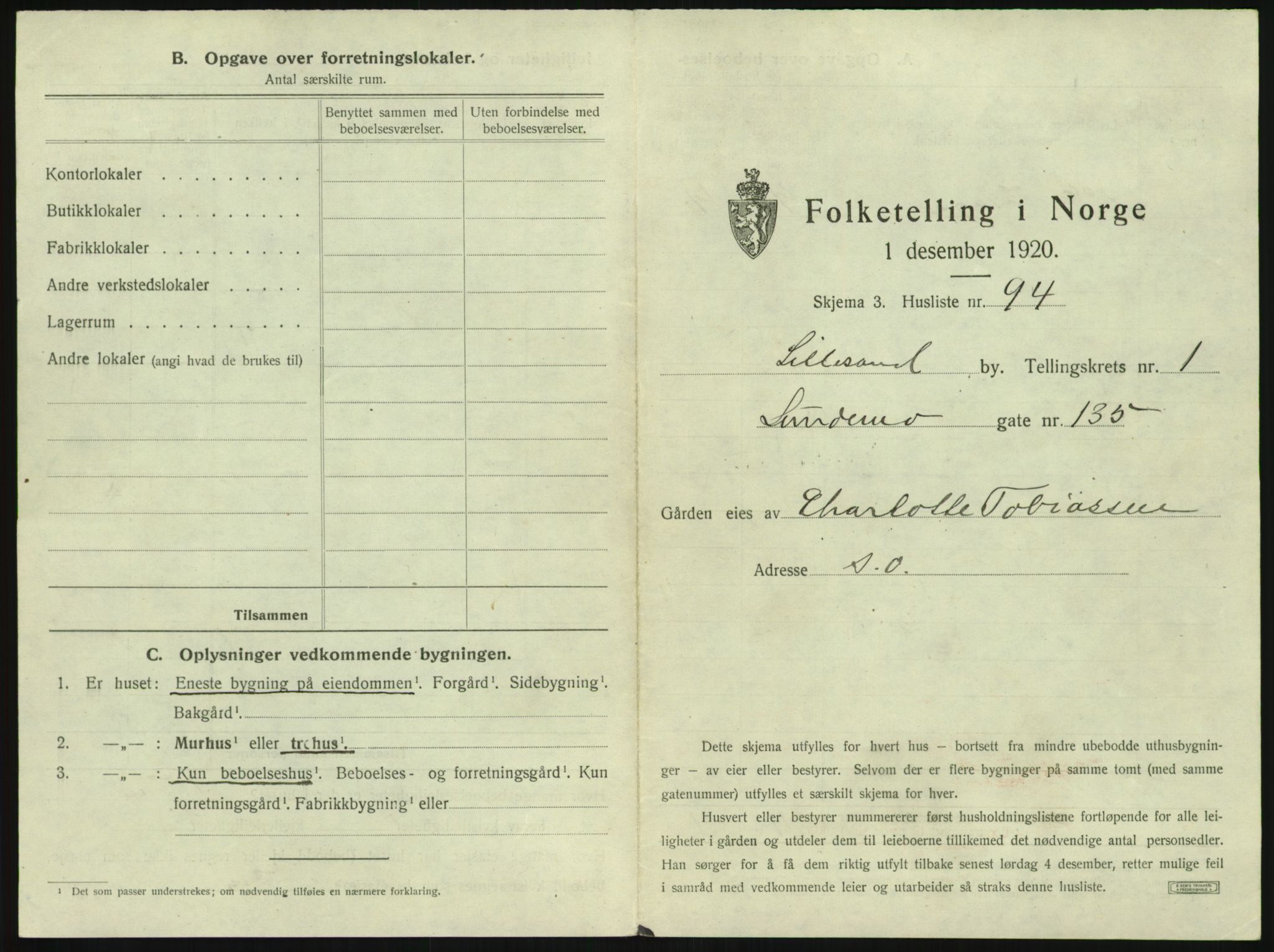 SAK, 1920 census for Lillesand, 1920, p. 217