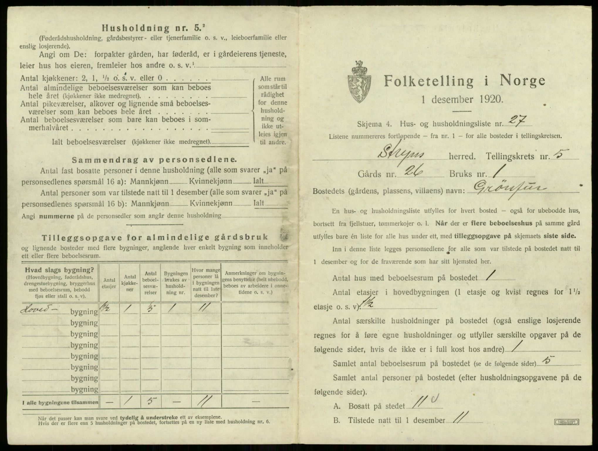 SAB, 1920 census for Stryn, 1920, p. 291