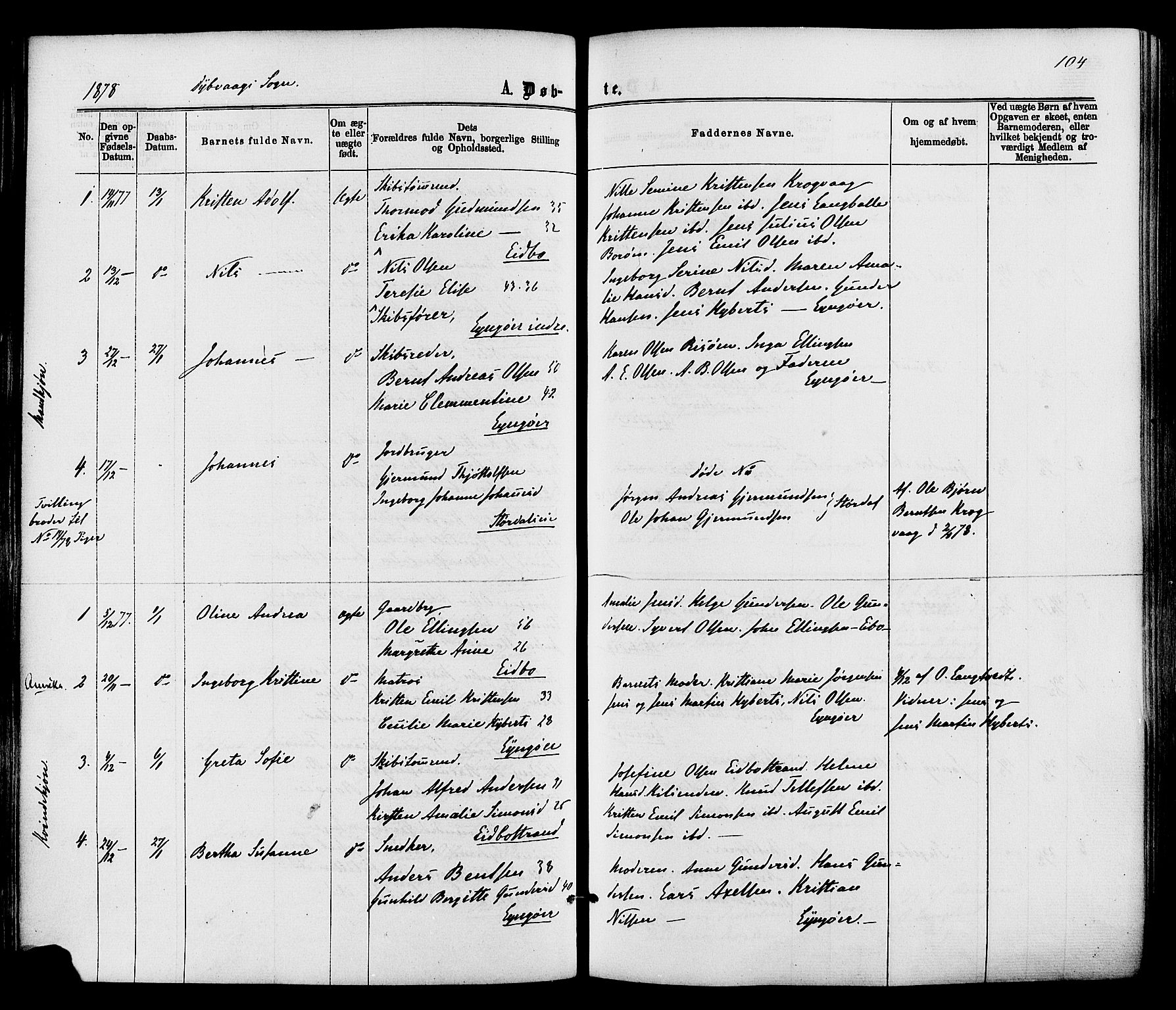 Dypvåg sokneprestkontor, AV/SAK-1111-0007/F/Fa/Faa/L0007: Parish register (official) no. A 7/ 1, 1872-1884, p. 104