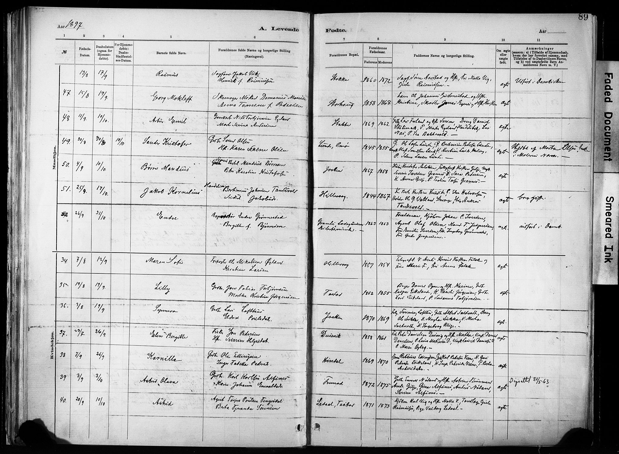 Hetland sokneprestkontor, AV/SAST-A-101826/30/30BA/L0011: Parish register (official) no. A 11, 1884-1911, p. 89