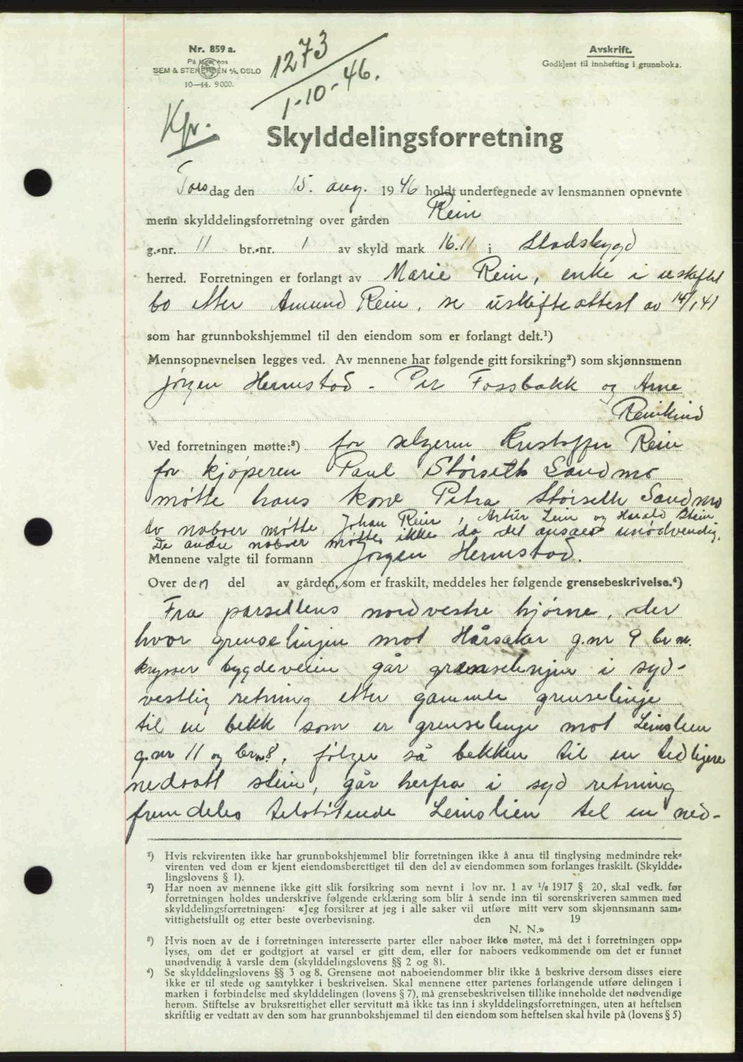 Fosen sorenskriveri, AV/SAT-A-1107/1/2/2C: Mortgage book no. A4-6, 1946-1947, Diary no: : 1273/1946