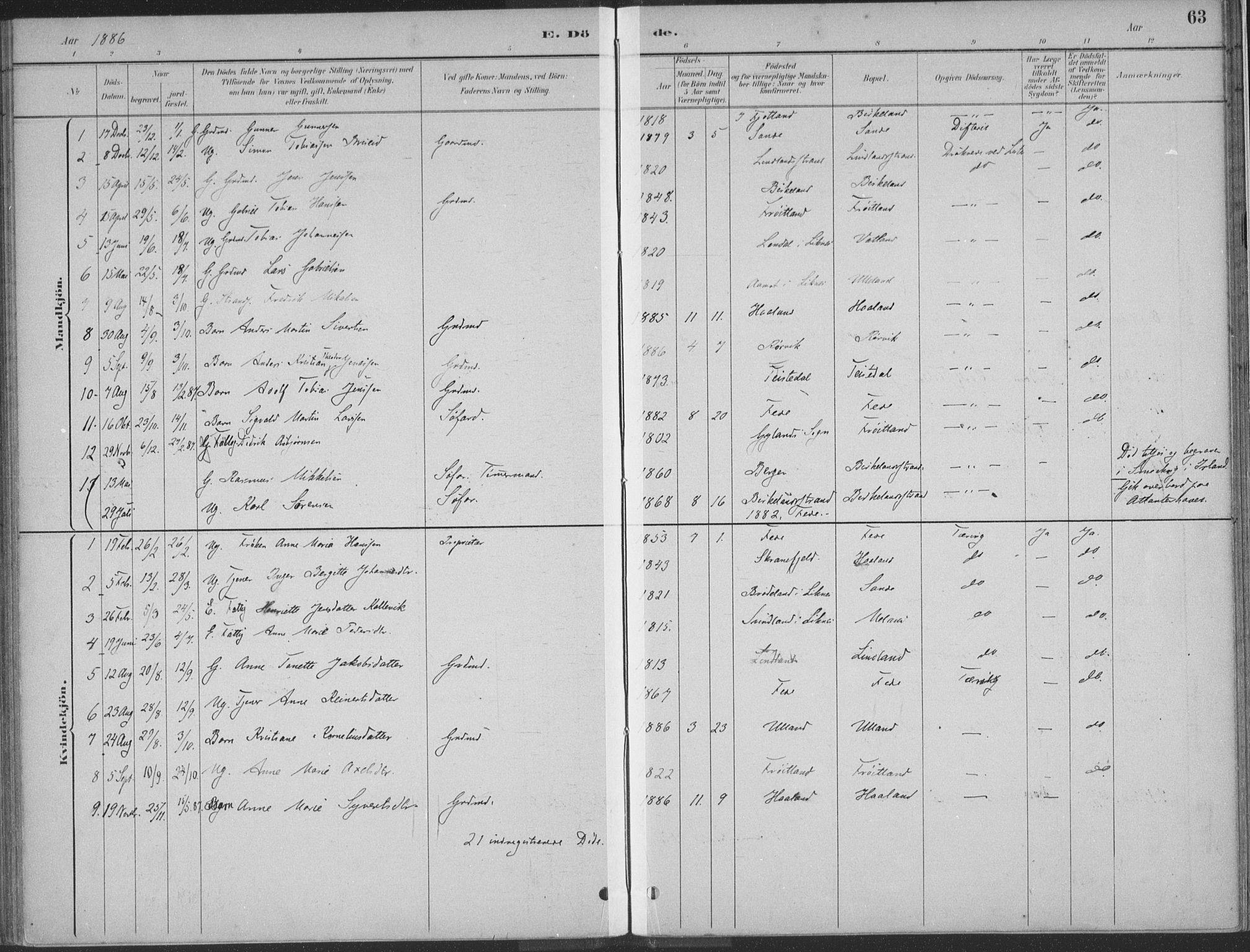 Kvinesdal sokneprestkontor, SAK/1111-0026/F/Fa/Faa/L0004: Parish register (official) no. A 4, 1882-1897, p. 63