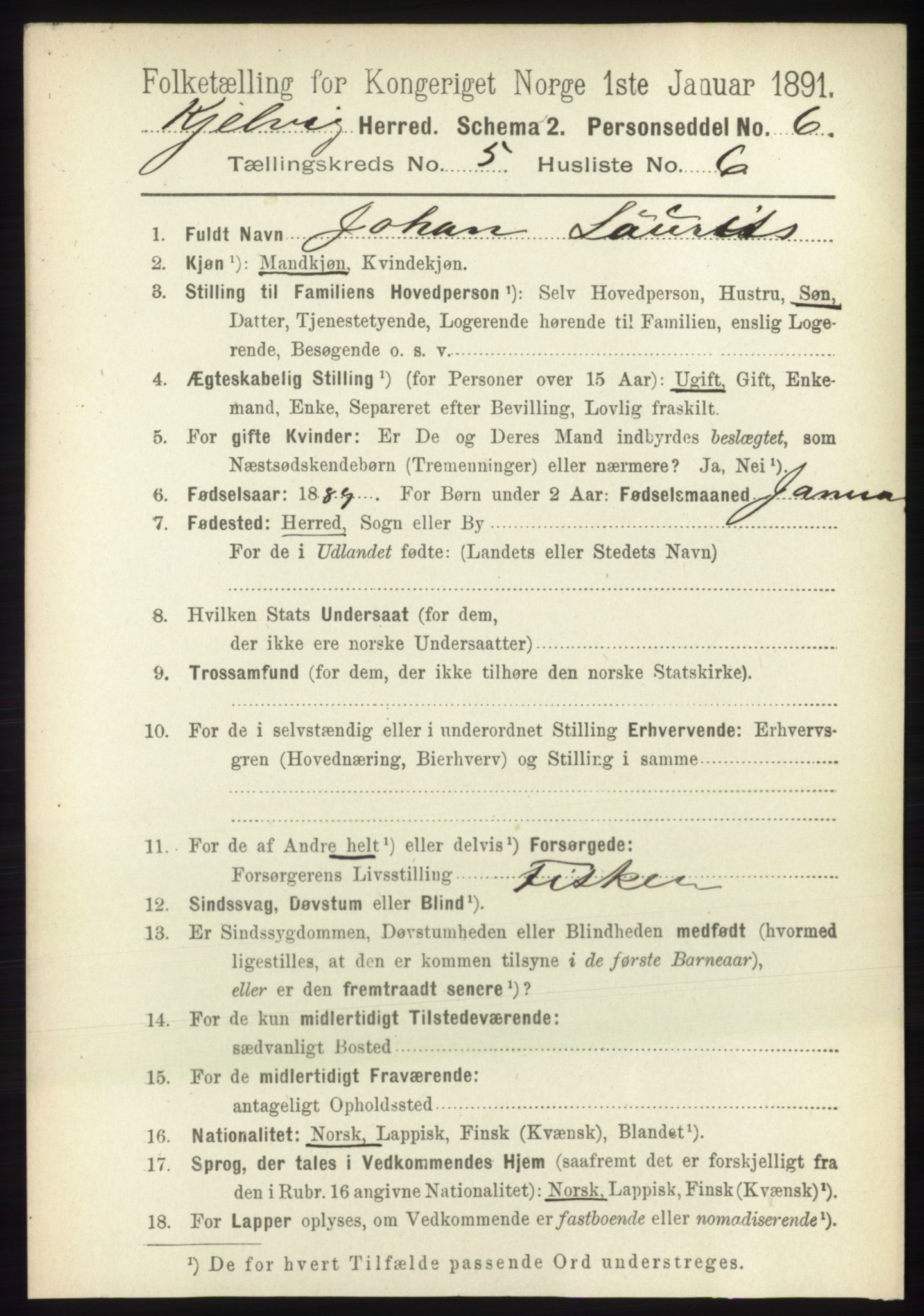 RA, 1891 census for 2019 Kjelvik, 1891, p. 579