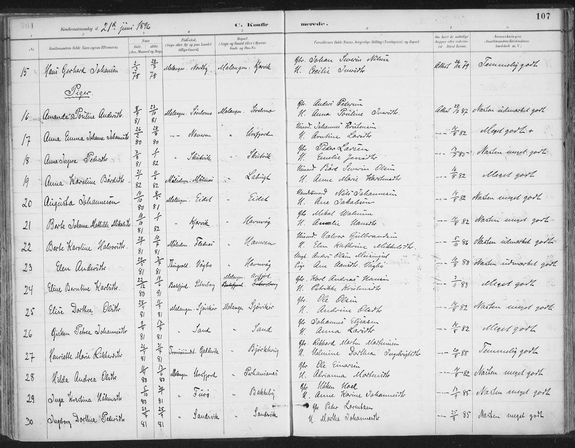 Balsfjord sokneprestembete, AV/SATØ-S-1303/G/Gaa/L0007kirke: Parish register (official) no. 7, 1887-1909, p. 107