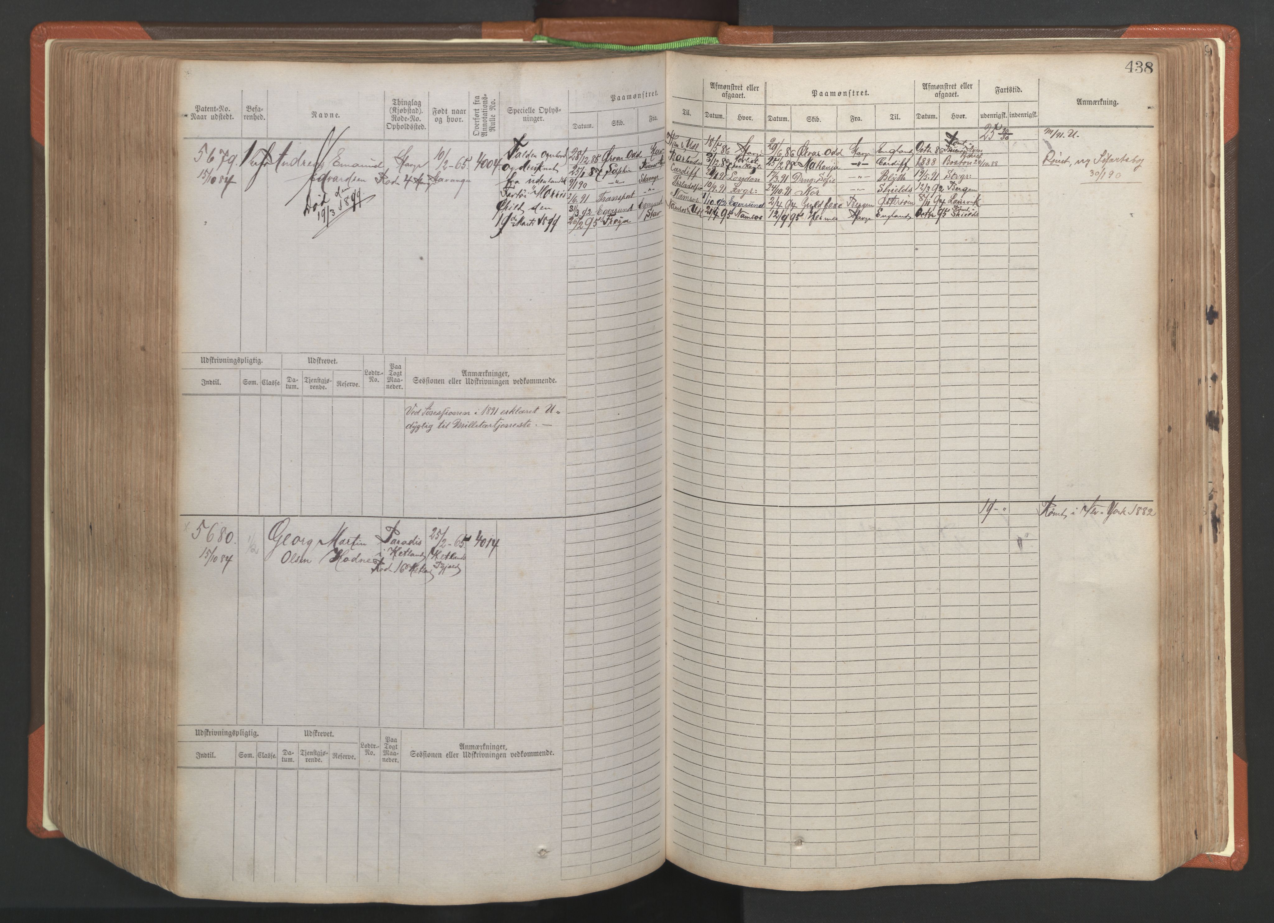 Stavanger sjømannskontor, AV/SAST-A-102006/F/Fb/Fbb/L0009: Sjøfartshovedrulle, patentnr. 4805-6006, 1879-1887, p. 444