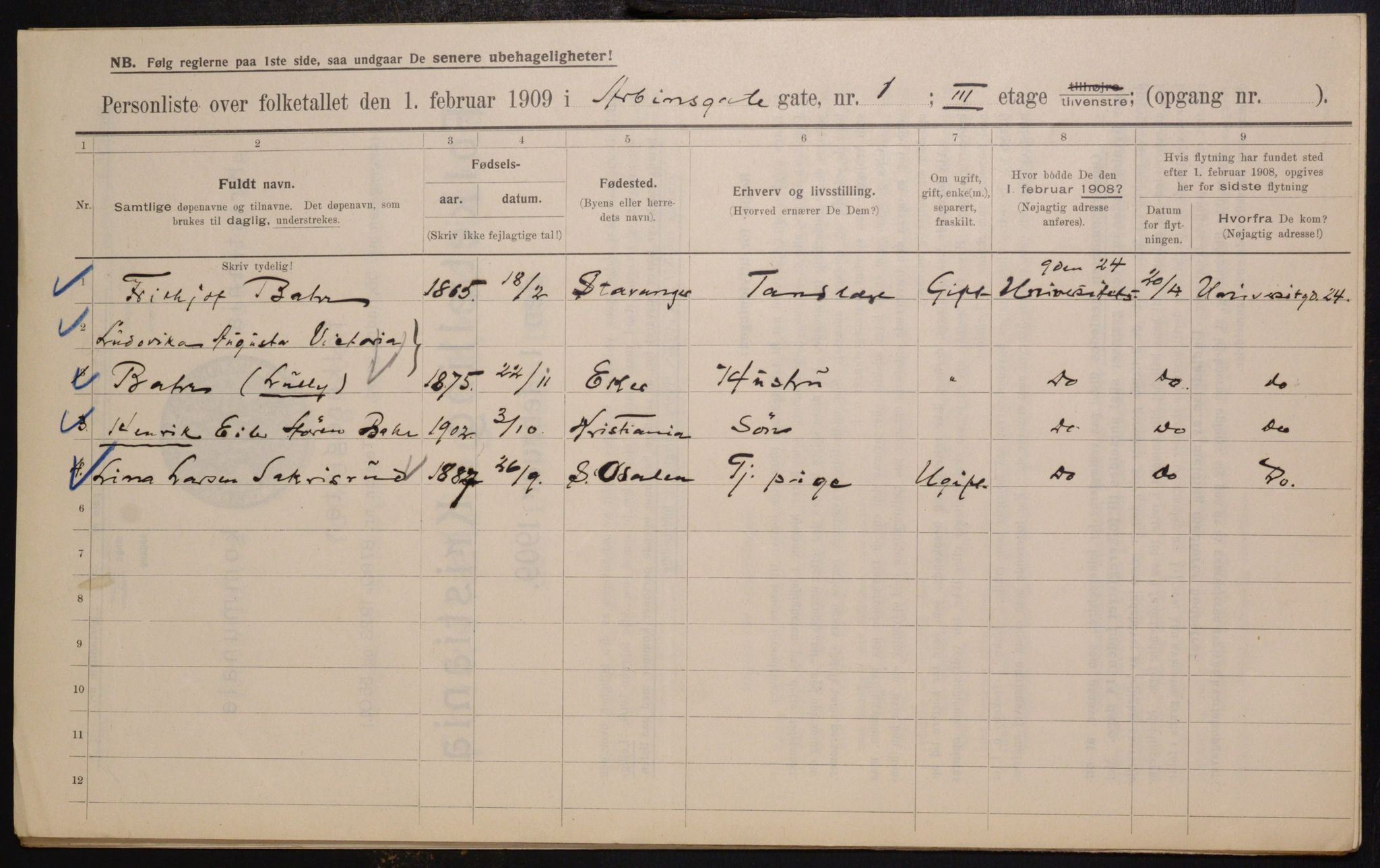 OBA, Municipal Census 1909 for Kristiania, 1909, p. 1528