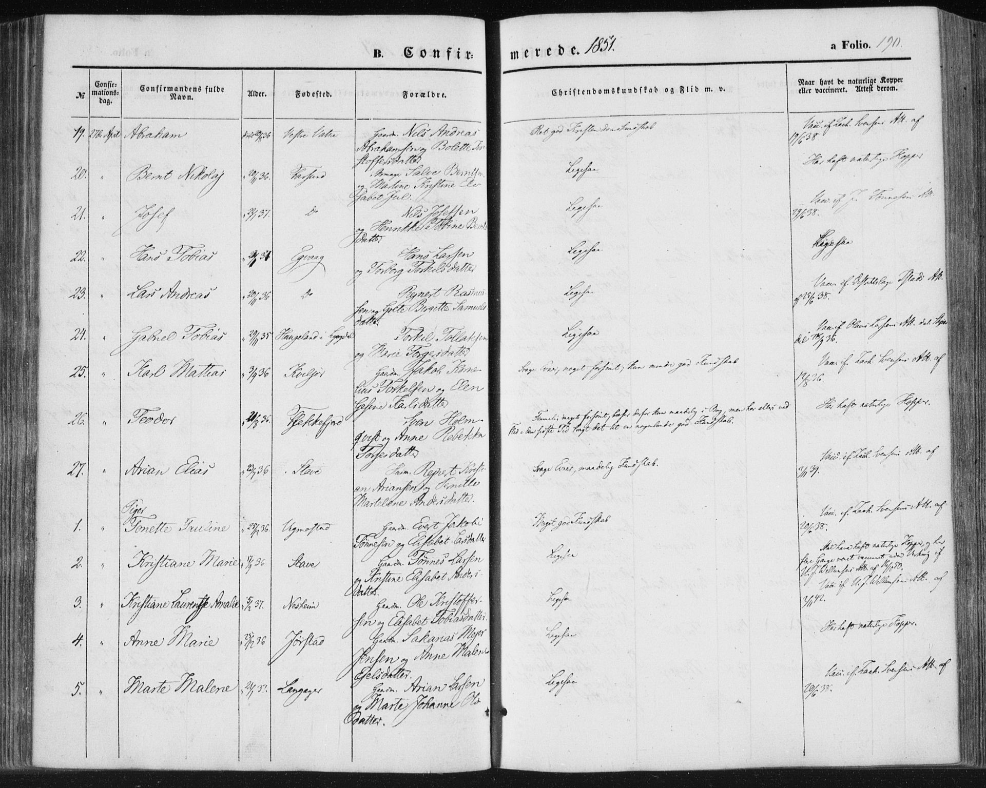 Lista sokneprestkontor, SAK/1111-0027/F/Fa/L0010: Parish register (official) no. A 10, 1846-1861, p. 190