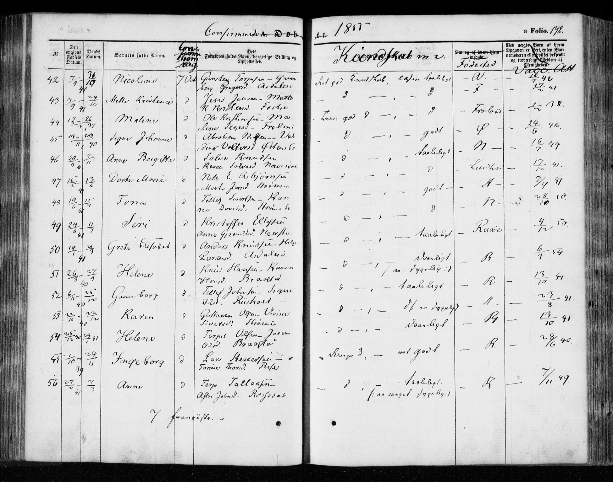 Øyestad sokneprestkontor, SAK/1111-0049/F/Fa/L0014: Parish register (official) no. A 14, 1843-1856, p. 172