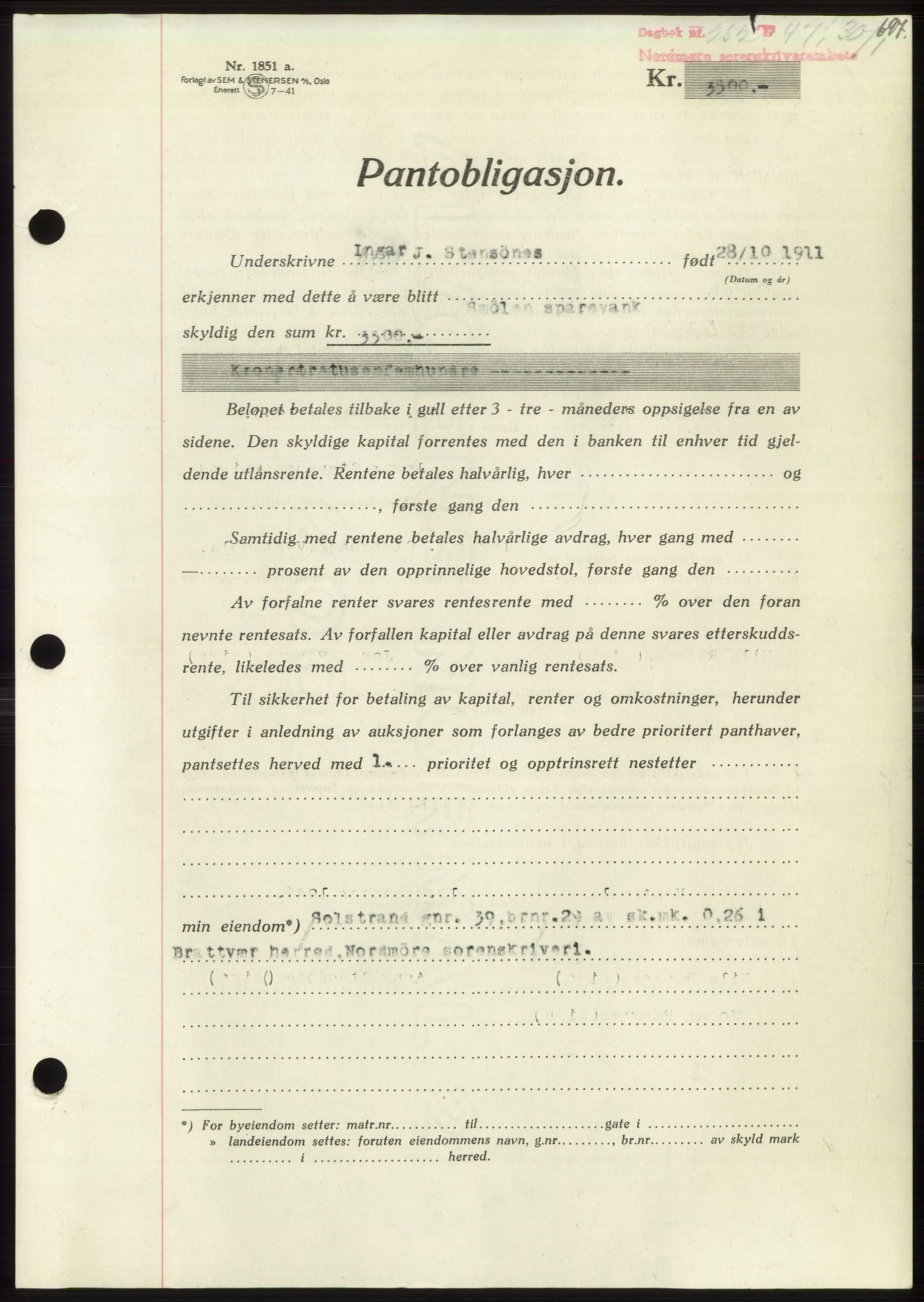 Nordmøre sorenskriveri, AV/SAT-A-4132/1/2/2Ca: Mortgage book no. B95, 1946-1947, Diary no: : 255/1947