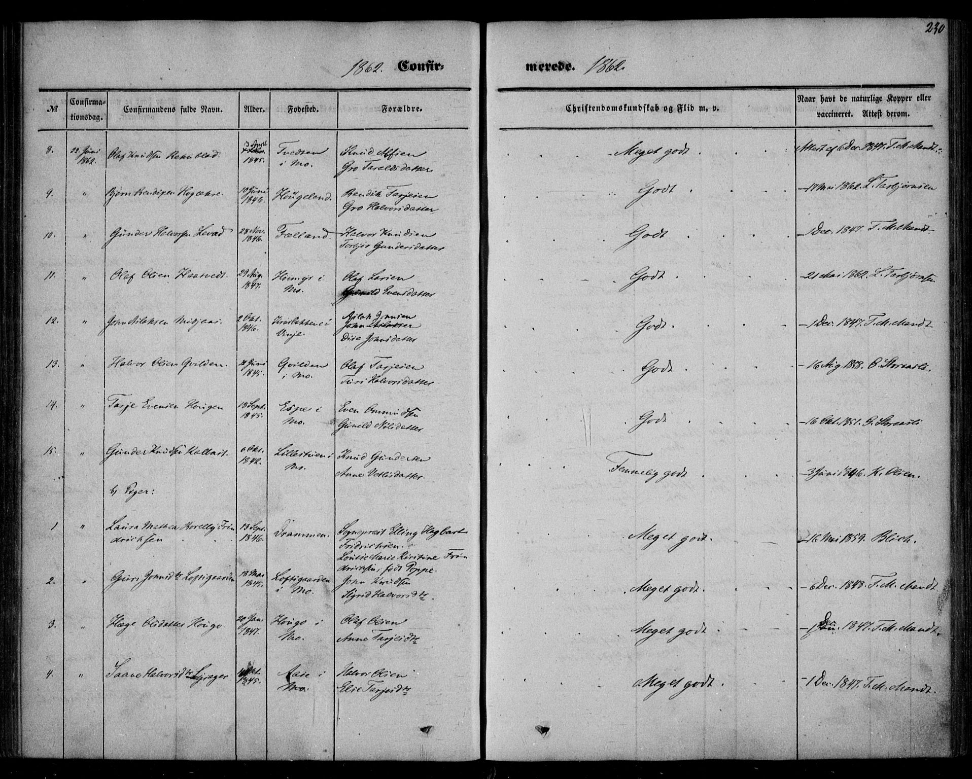 Mo kirkebøker, AV/SAKO-A-286/F/Fa/L0005: Parish register (official) no. I 5, 1844-1864, p. 230