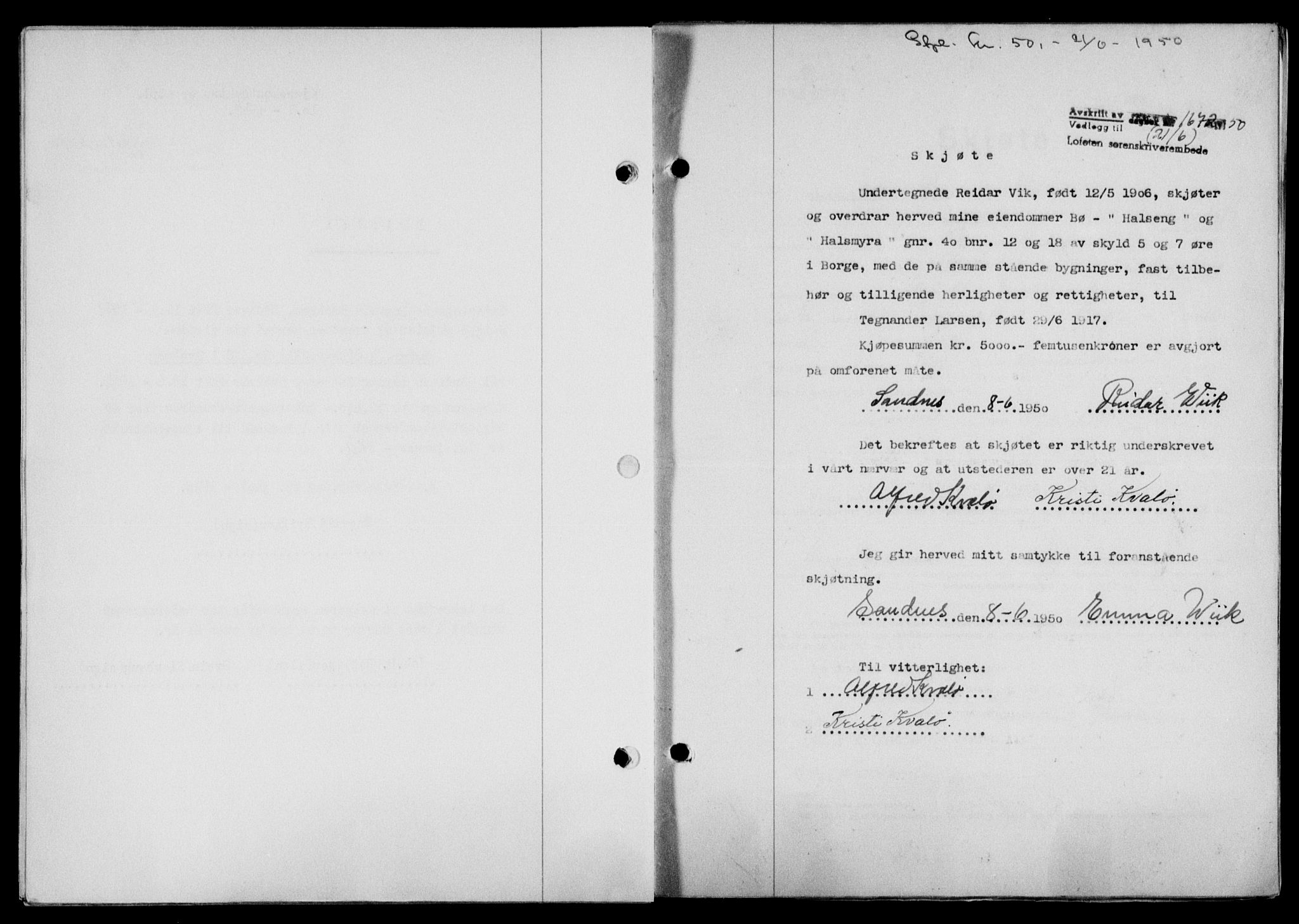 Lofoten sorenskriveri, SAT/A-0017/1/2/2C/L0023a: Mortgage book no. 23a, 1950-1950, Diary no: : 1672/1950