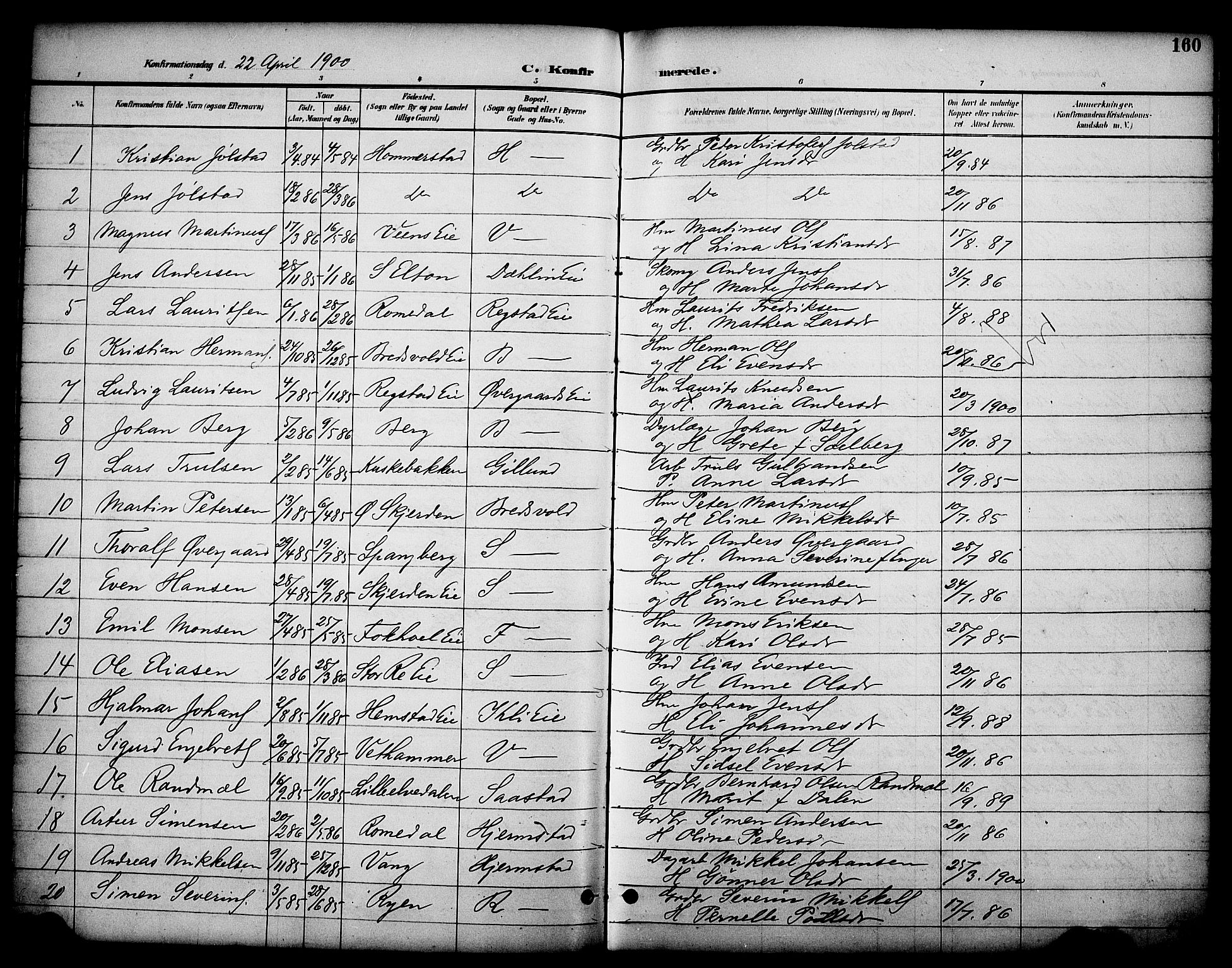 Stange prestekontor, SAH/PREST-002/K/L0020: Parish register (official) no. 20, 1894-1905, p. 160