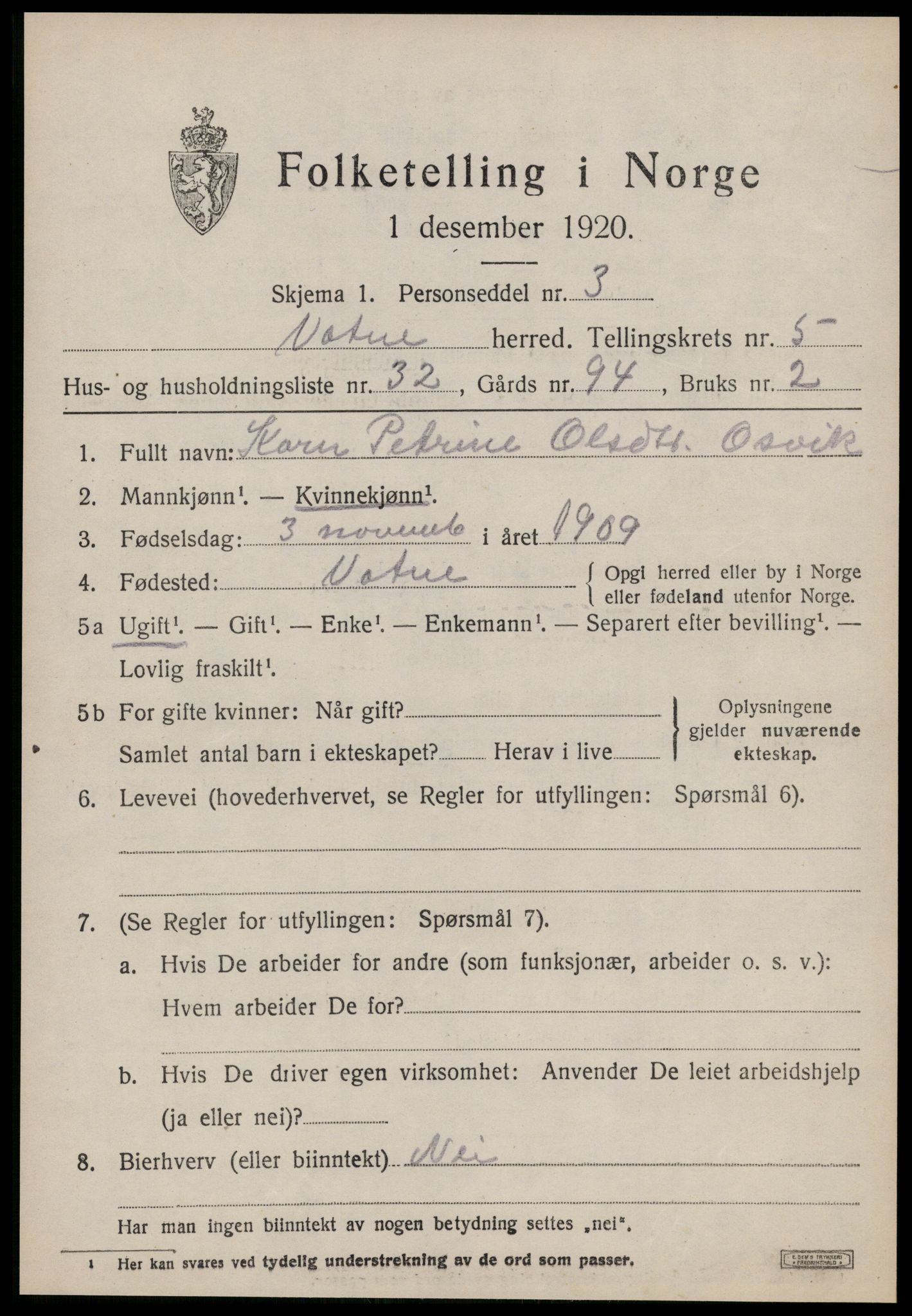 SAT, 1920 census for Vatne, 1920, p. 2634