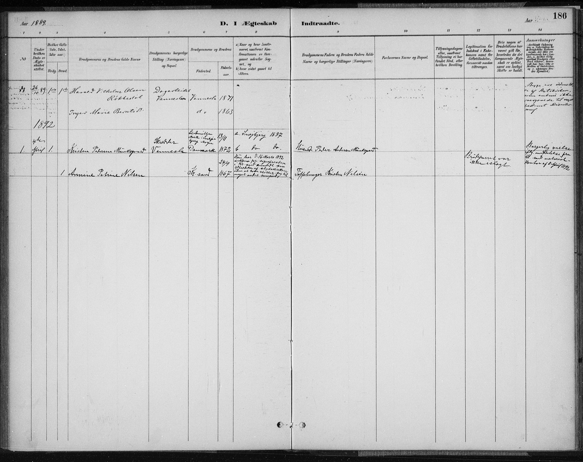 Vennesla sokneprestkontor, SAK/1111-0045/Fa/Fab/L0004: Parish register (official) no. A 4, 1884-1896, p. 186