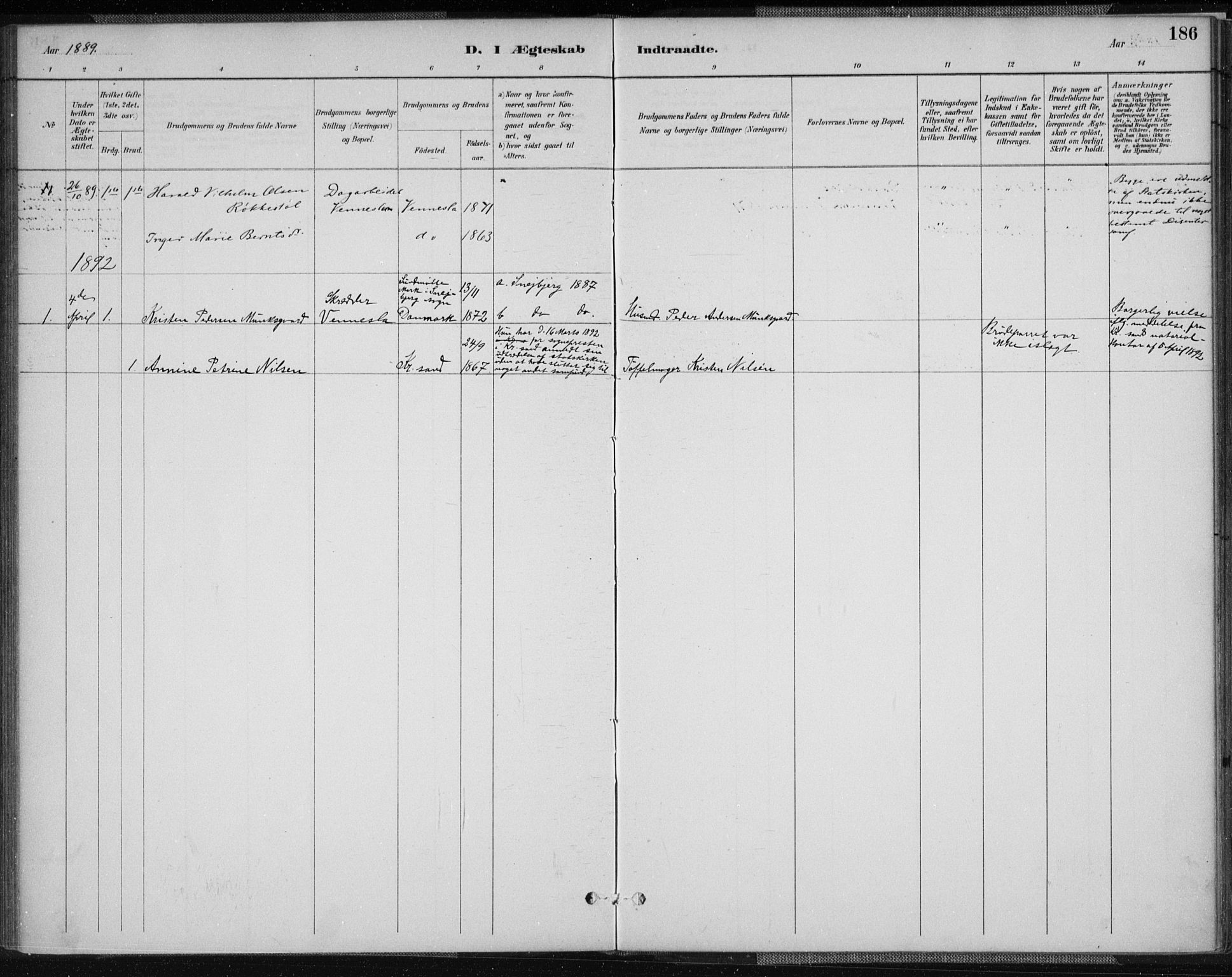 Vennesla sokneprestkontor, AV/SAK-1111-0045/Fa/Fab/L0004: Parish register (official) no. A 4, 1884-1896, p. 186