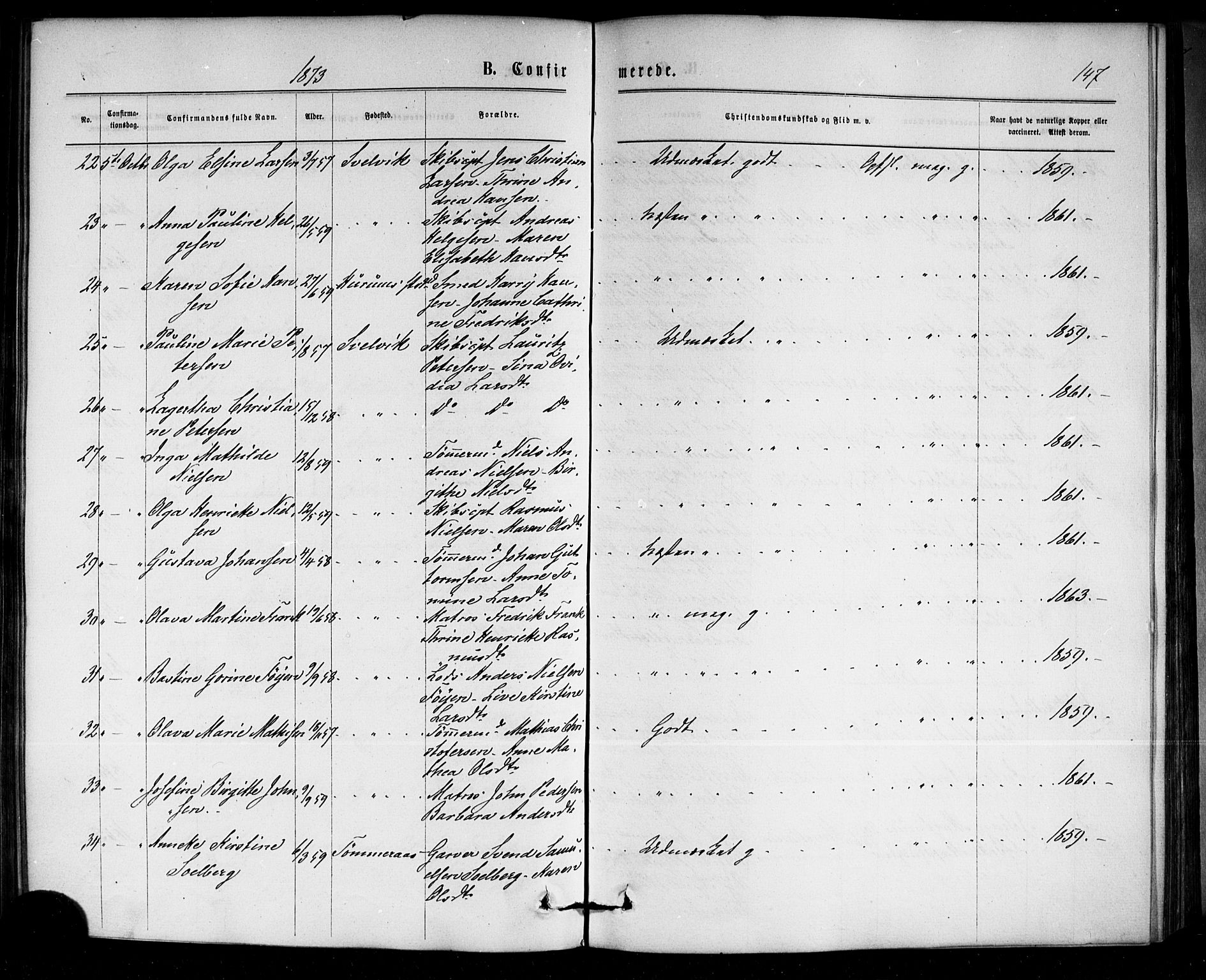 Strømm kirkebøker, AV/SAKO-A-322/F/Fa/L0002: Parish register (official) no. I 2, 1870-1877, p. 147