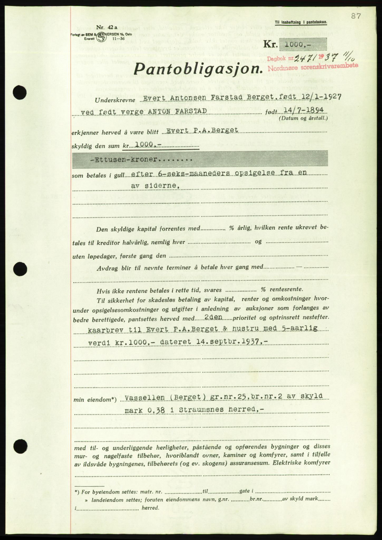 Nordmøre sorenskriveri, AV/SAT-A-4132/1/2/2Ca/L0092: Mortgage book no. B82, 1937-1938, Diary no: : 2471/1937